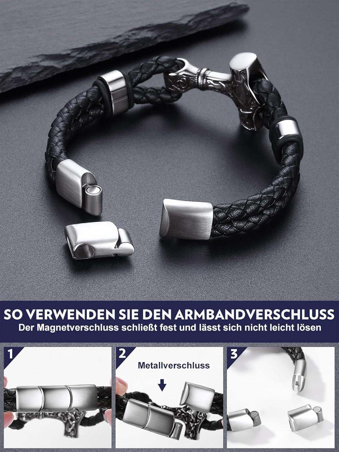 Thumbnail 4 de Bandmax Lederarmband Herren Mjölnir/Totenkopf – personalisierbar, Magnetverschluss, Wickelarmband