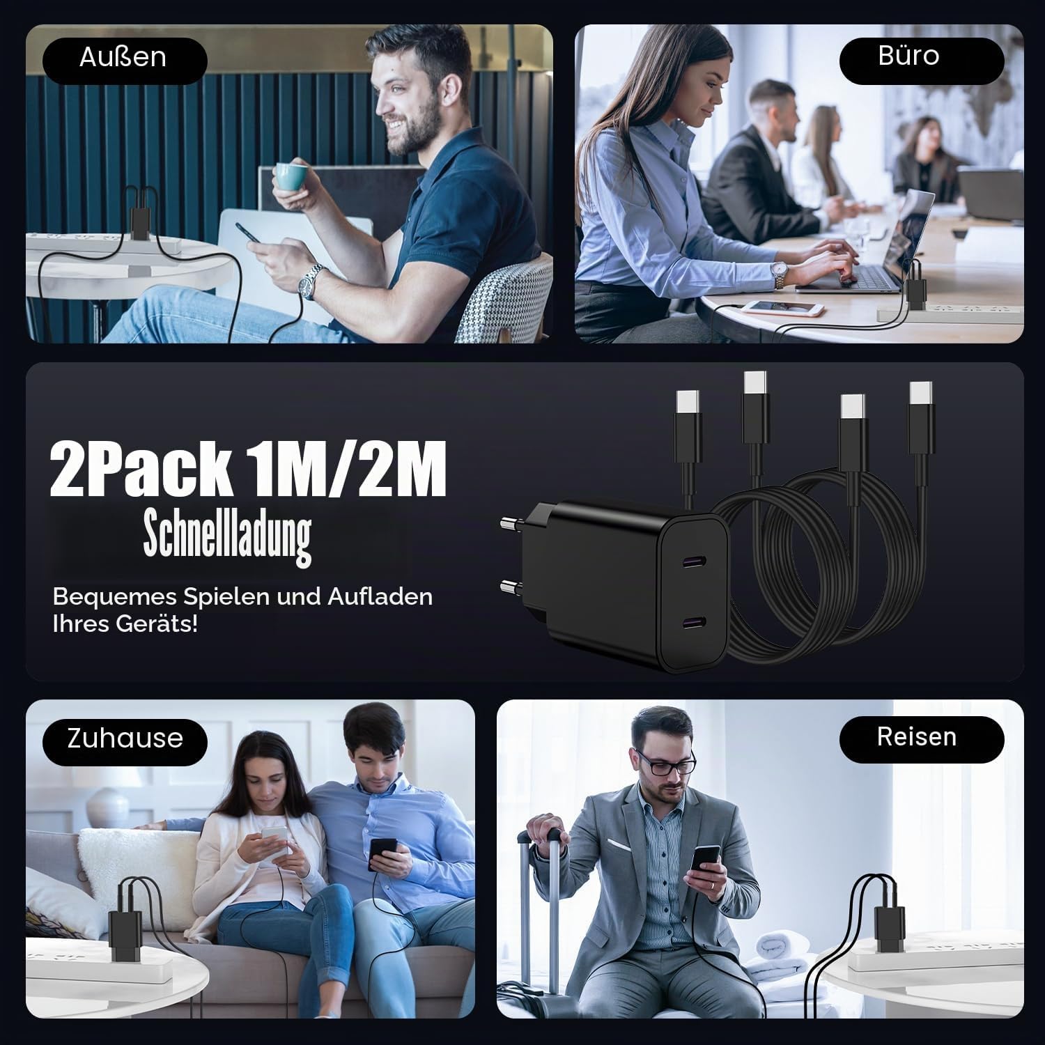Detalle de 45W USB-C Schnellladegerät mit 2 Ports und Kabelset für Samsung Galaxy (S26/S25/S24/S23/Ultra) – Netzteil + 1m & 2m Kabel