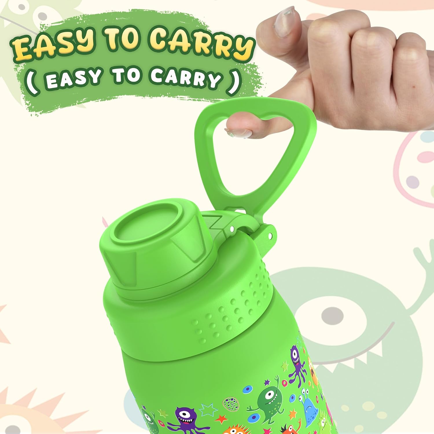 Detalle de GOPPUS 420ml Kids Insulated Water Bottle with Screw Lid (No Straw) – Green Monster