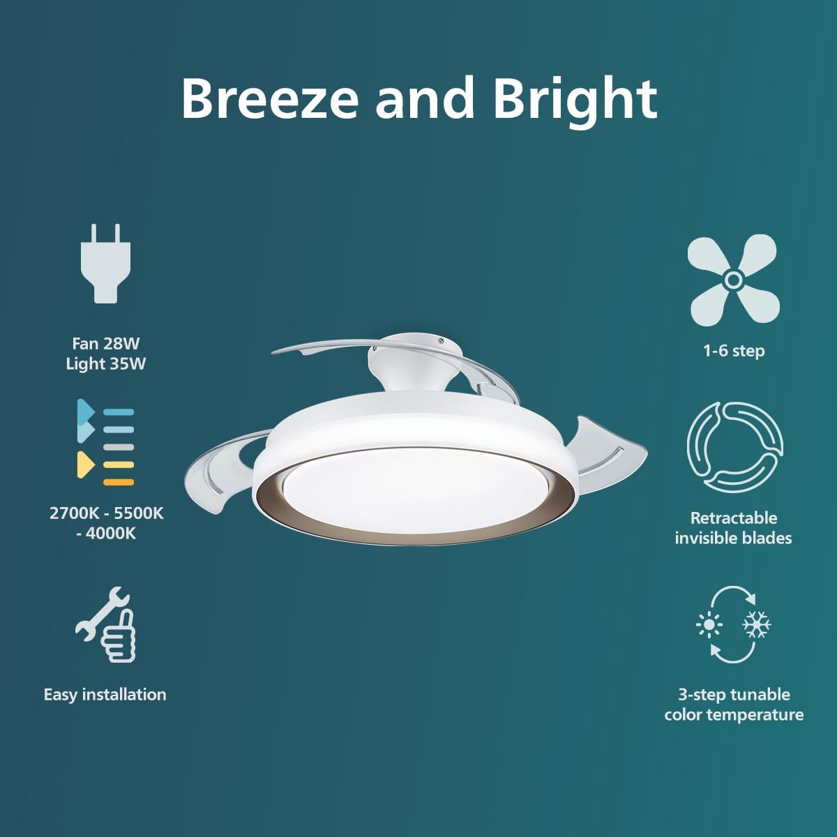 Thumbnail 1 de Philips LED Bliss 28W Ceiling Light with 35W Fan and Remote Control (Gold) – 2700K to 5500K