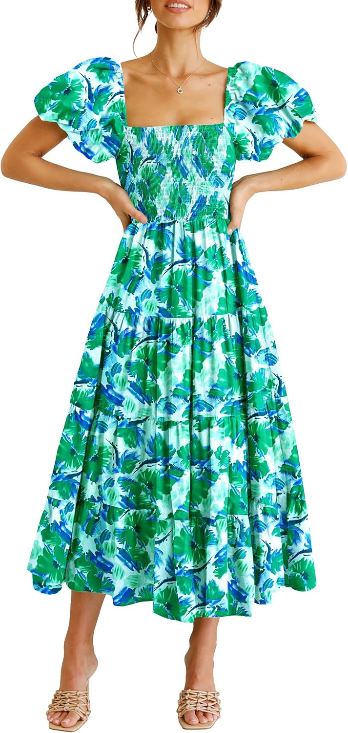 Detalle de PRETTYGARDEN Women’s Casual Summer Midi Dress with Smocked Bodice, Tiered Ruffles & Square Neck