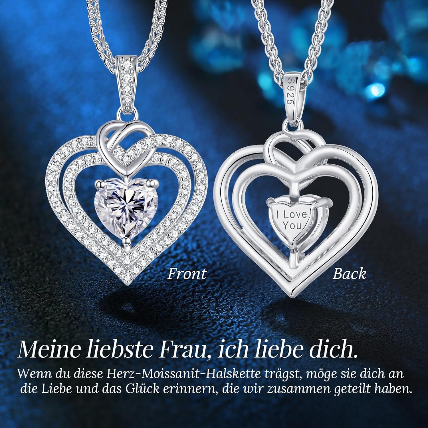 Thumbnail 4 de CDE Damen Moissanite Halskette Doppelherz aus Silber 925 – 18" + 2" Verlängerung, D-Farbe, VVS1