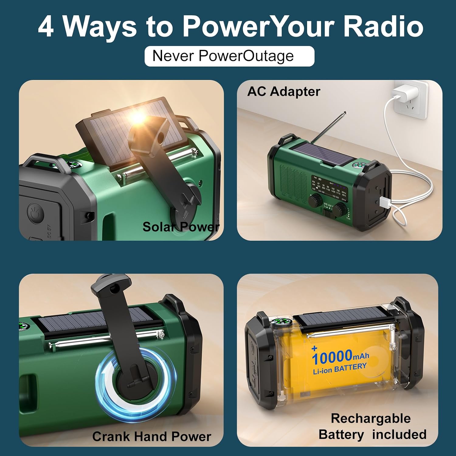Detalle 2 de Hand Crank Emergency Radio with NOAA Weather & AM/FM, Solar + 10,000mAh Battery