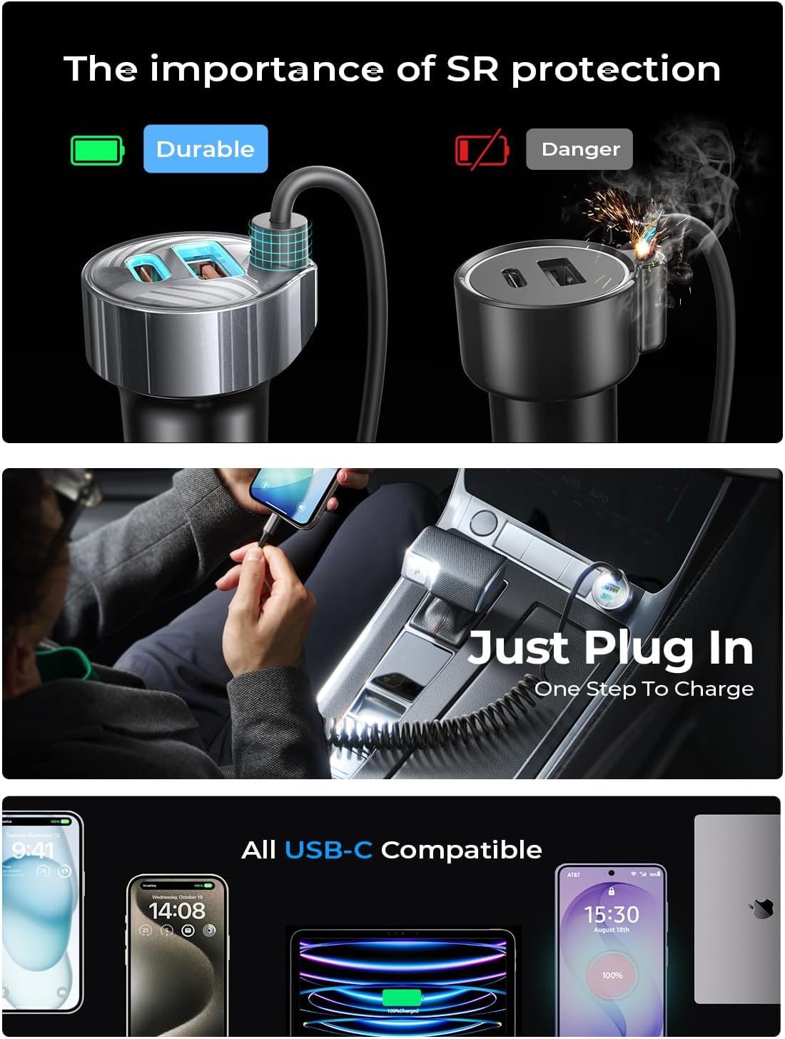 Detalle de LISEN 90W USB-C Car Charger for iPhone & Android with 30W USB-C Cable (Spiral Cord)
