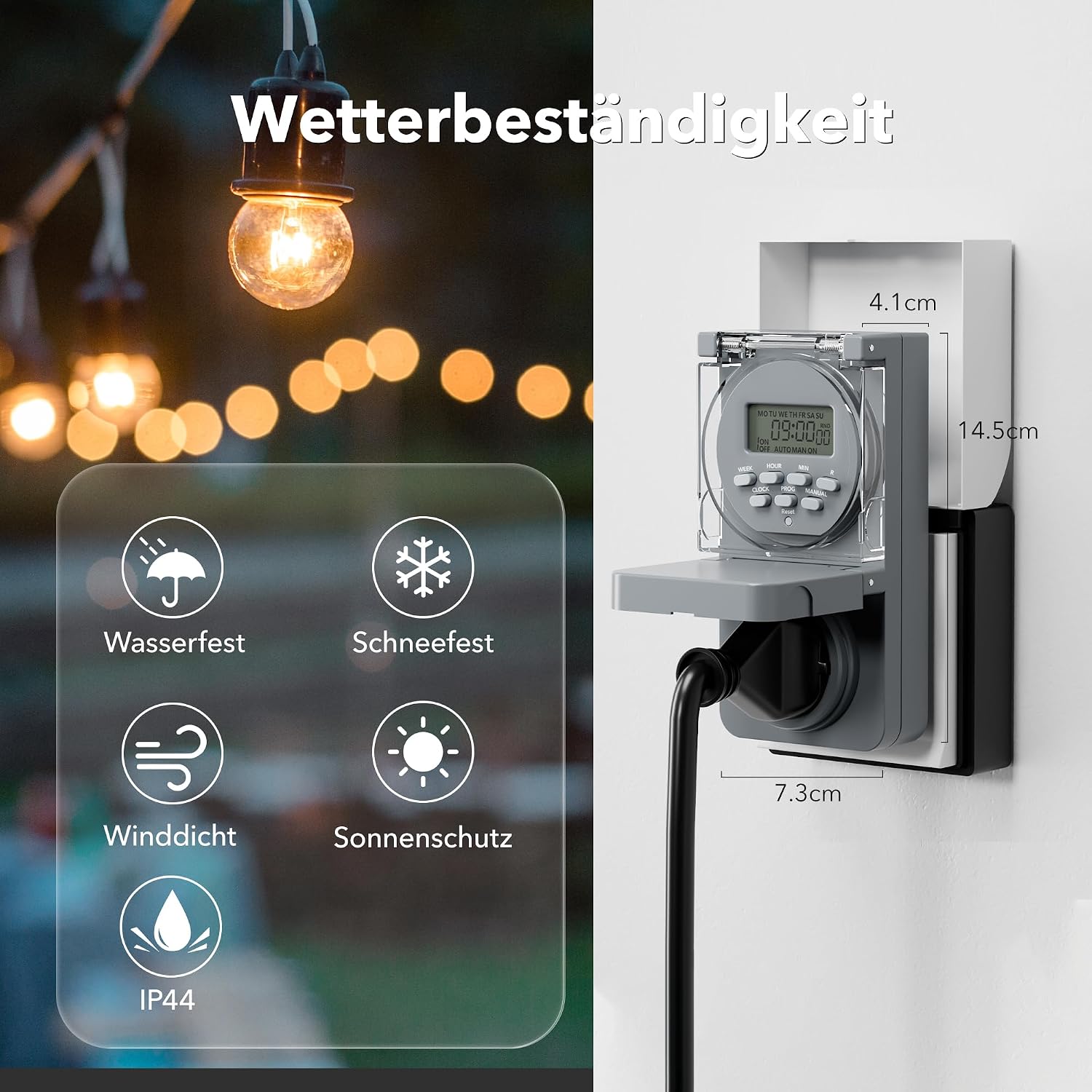 Detalle 2 de HBN 2er Digitale Zeitschaltuhr Steckdose Aussen IP44 – 8 Programme, Zufallsfunktion & Backup-Akku
