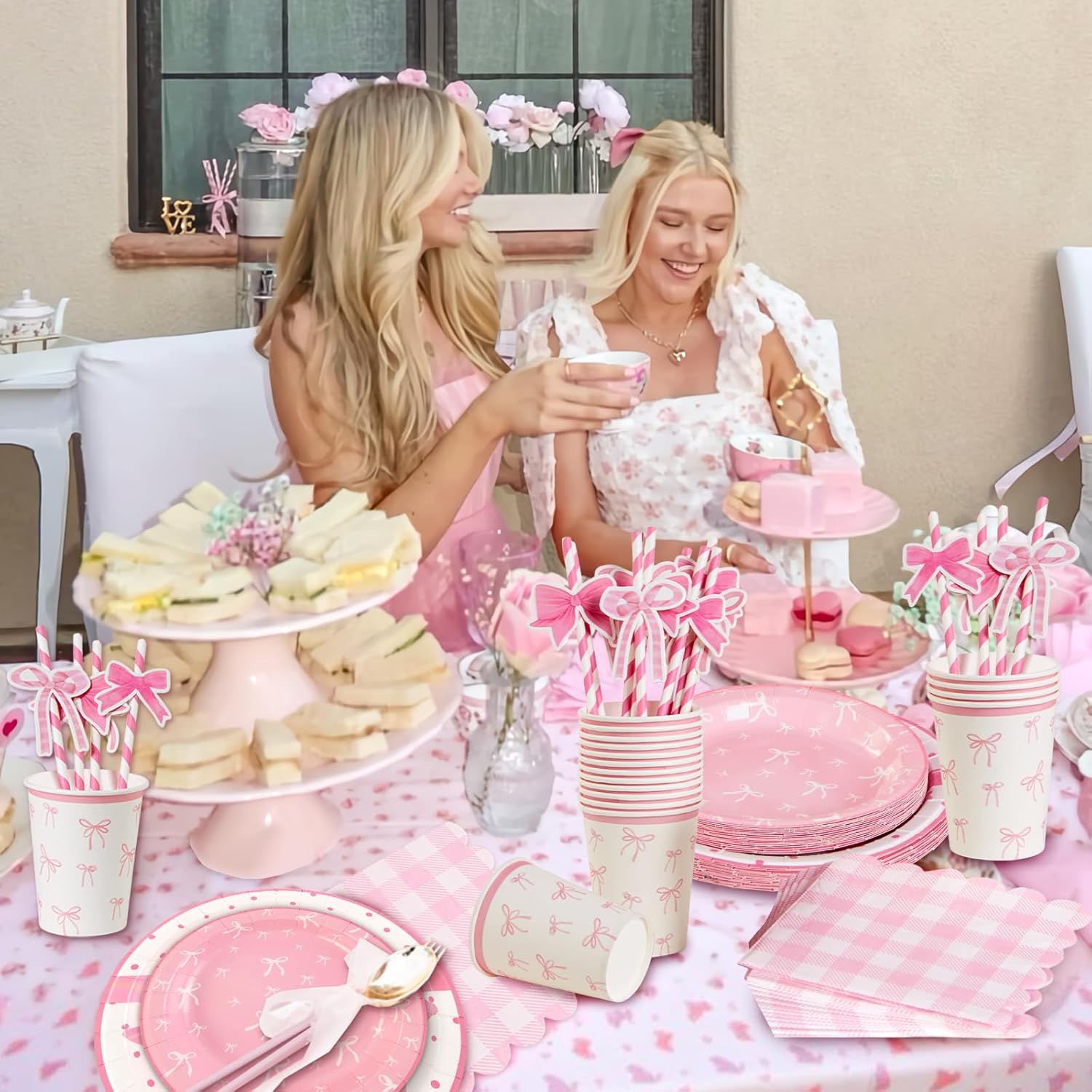 Thumbnail 4 de SUNBEAUTY 80-Piece Pink Bow party tableware set (9 inch plates, cups, napkins) for 16 guests