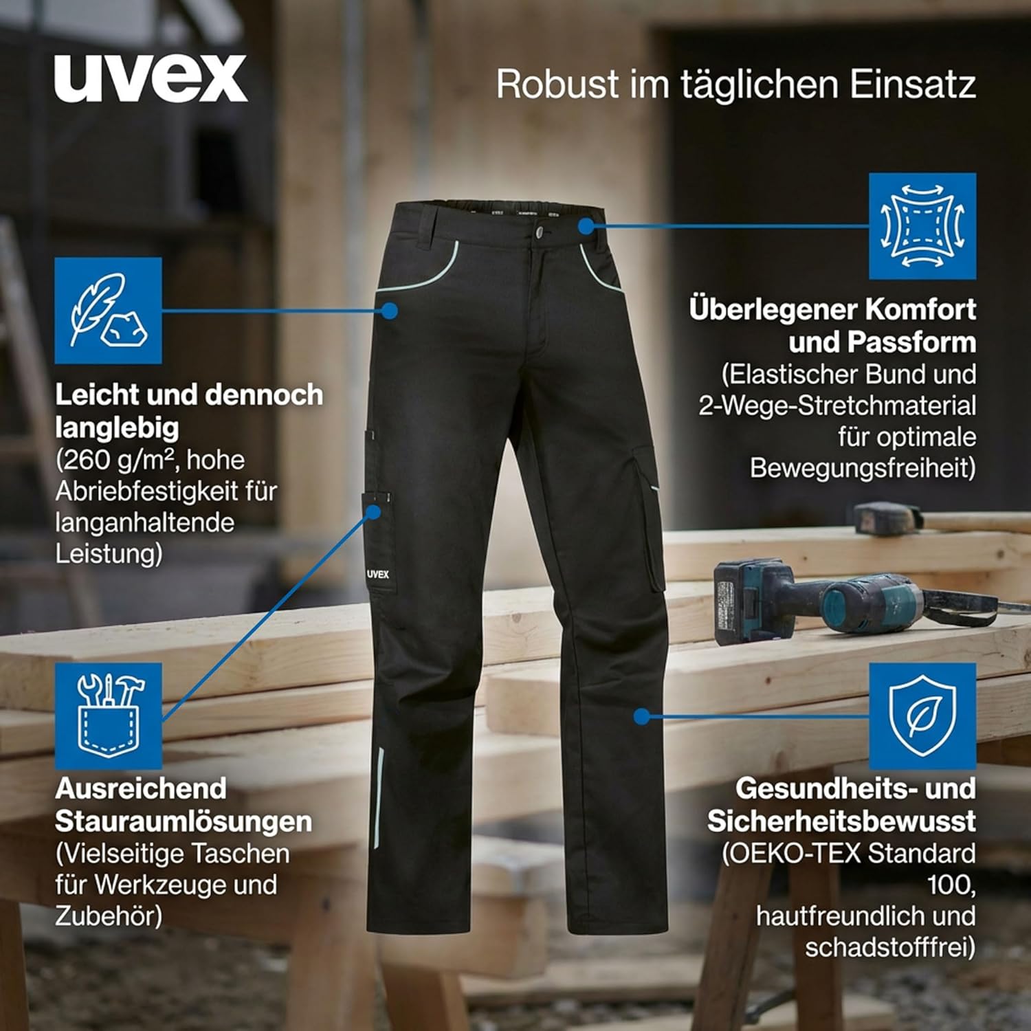 Detalle de Uvex tune-up Light Arbeitshose Herren (2-Wege-Stretch) – leicht, robust & elastisch