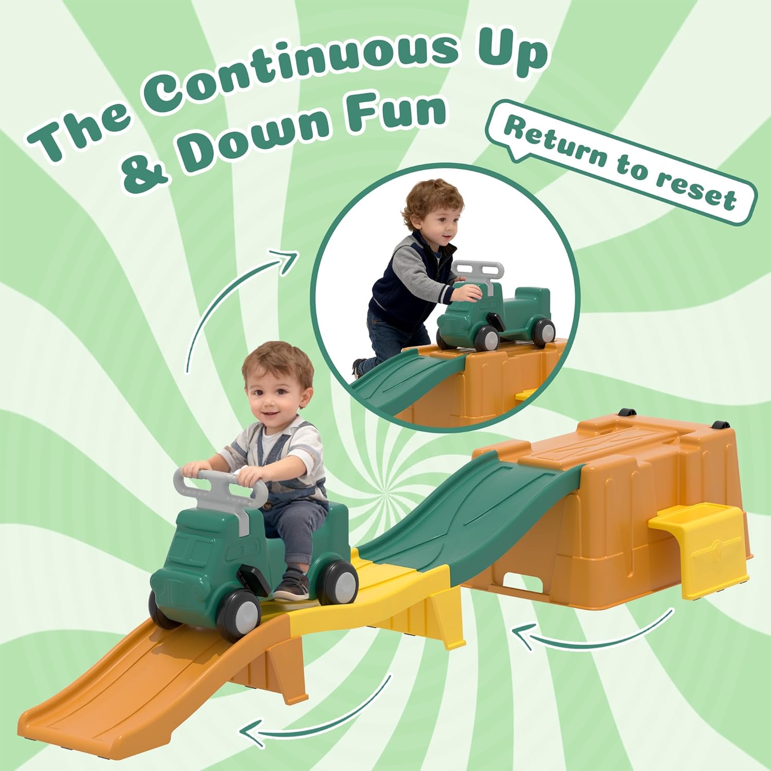 Detalle de HAPPYMATY Up & Down Roller Coaster: Kids Ride On Toy with Built-In Track and Storage