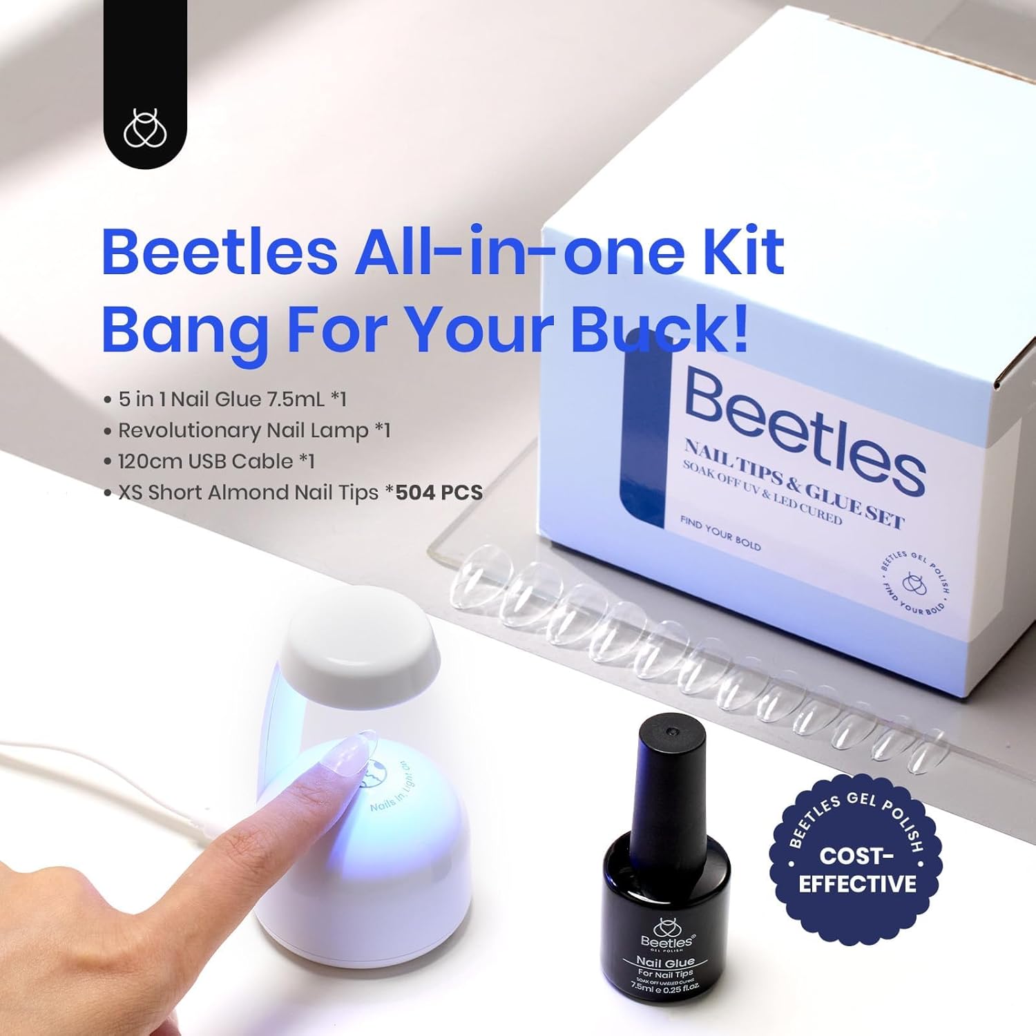 Detalle 2 de Beetles Gel Nail Kit Almond Short (500 Pre-Shaped Tips) with UV LED Nail Lamp and 5-in-1 Glue Gel