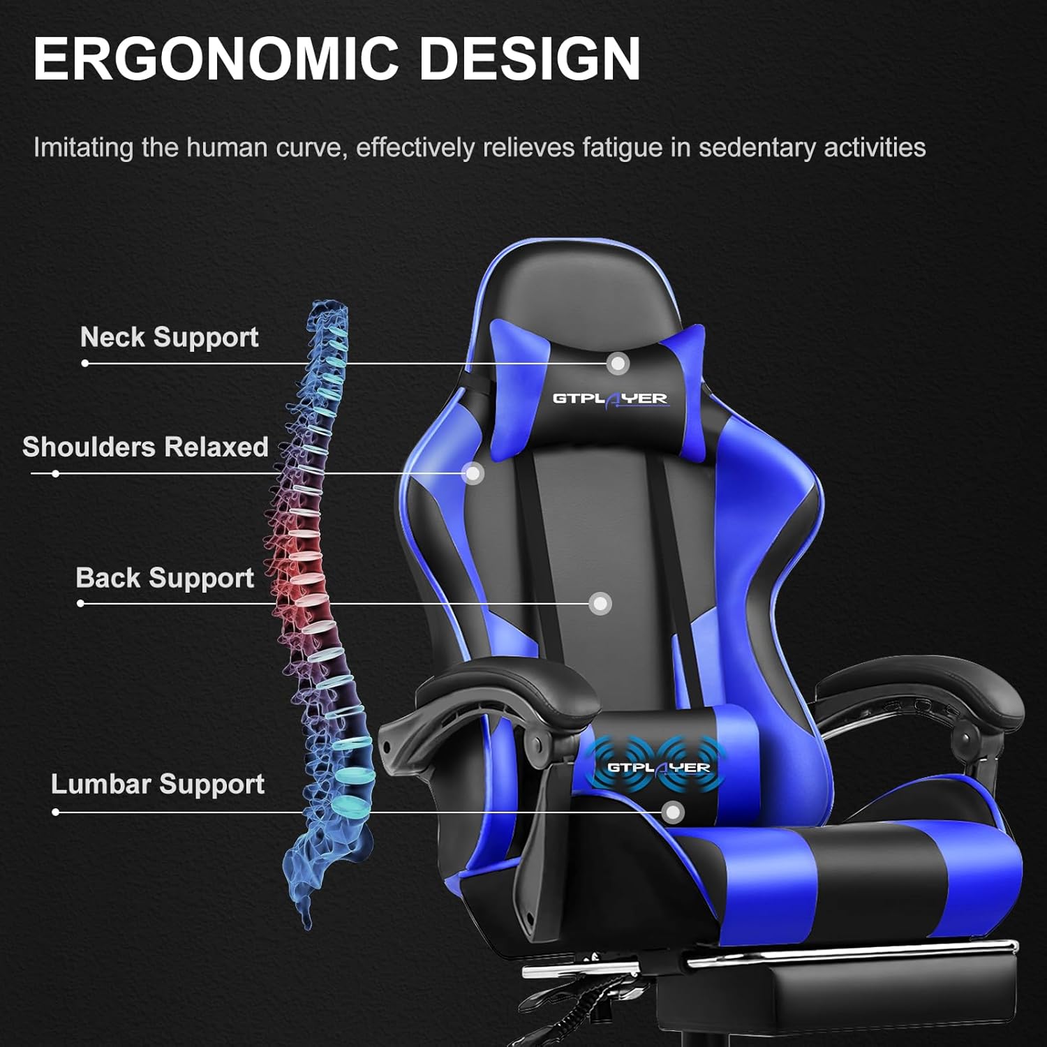 Thumbnail 6 de GTPLAYER Sedia da Gaming Ergonomica con massaggiatore sul poggiapiedi e supporto lombare, schienale reclinabile 90–135°, portata 150 kg (Blu)