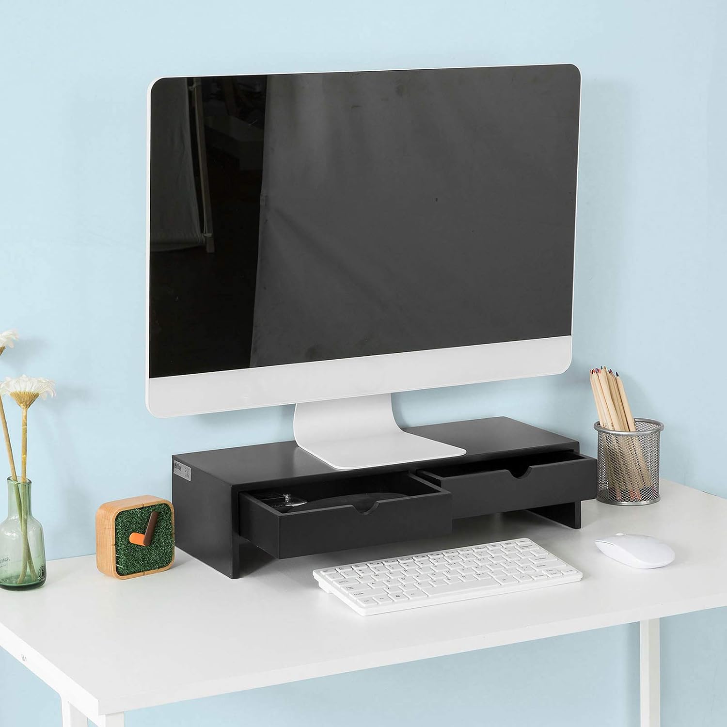 Thumbnail 6 de SoBuy BBF02-SCH Monitor Stand with Drawers for Dual Screens, Black MDF