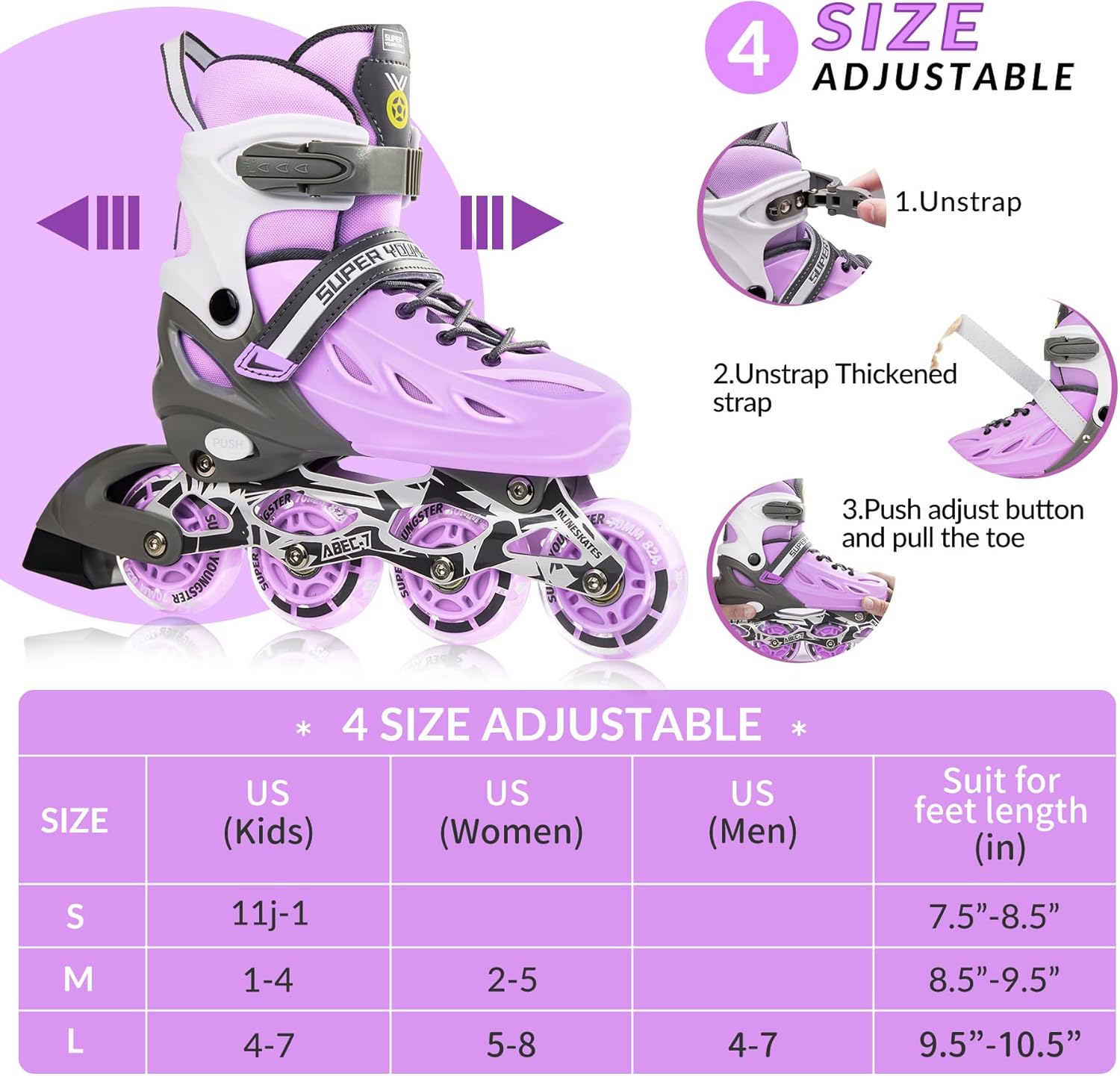 Detalle de SUPER YOUNGSTER Adjustable Inline Skates for Kids 4-12 with Light-Up Wheels