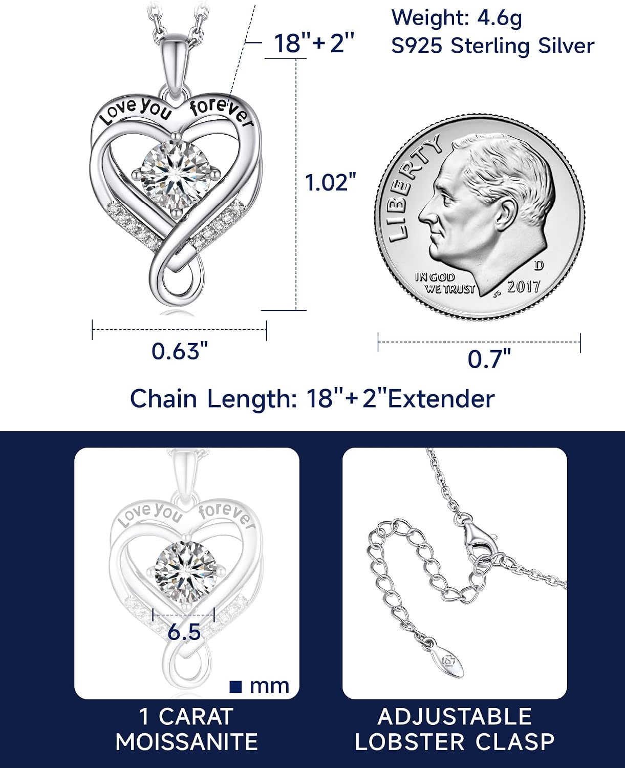 Detalle 2 de MomentWish Unendlichkeitszeichen Kette mit Doppelherz – Moissanit Halskette in Silber 925, 1 Karat