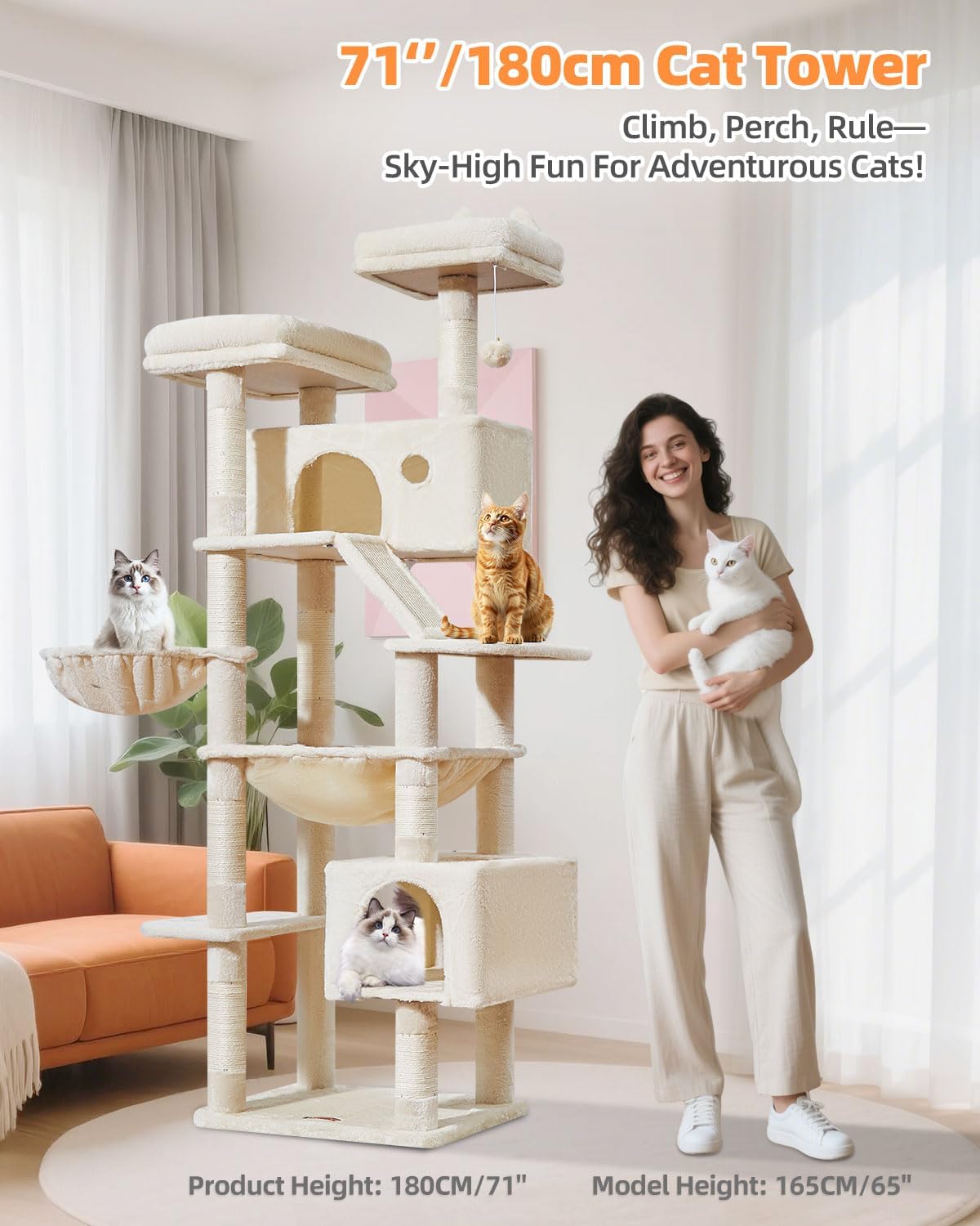 Thumbnail 1 de Taoqimiao Cat Tree, 180cm Cat Tower for Indoor Cats – MS026LM Beige