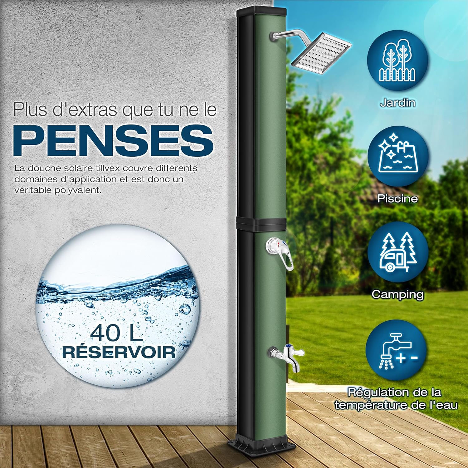 Thumbnail 1 de Tillvex Douche Solaire avec Capot de Protection — Douche de Jardin et Camping 40 L sans raccordement électrique