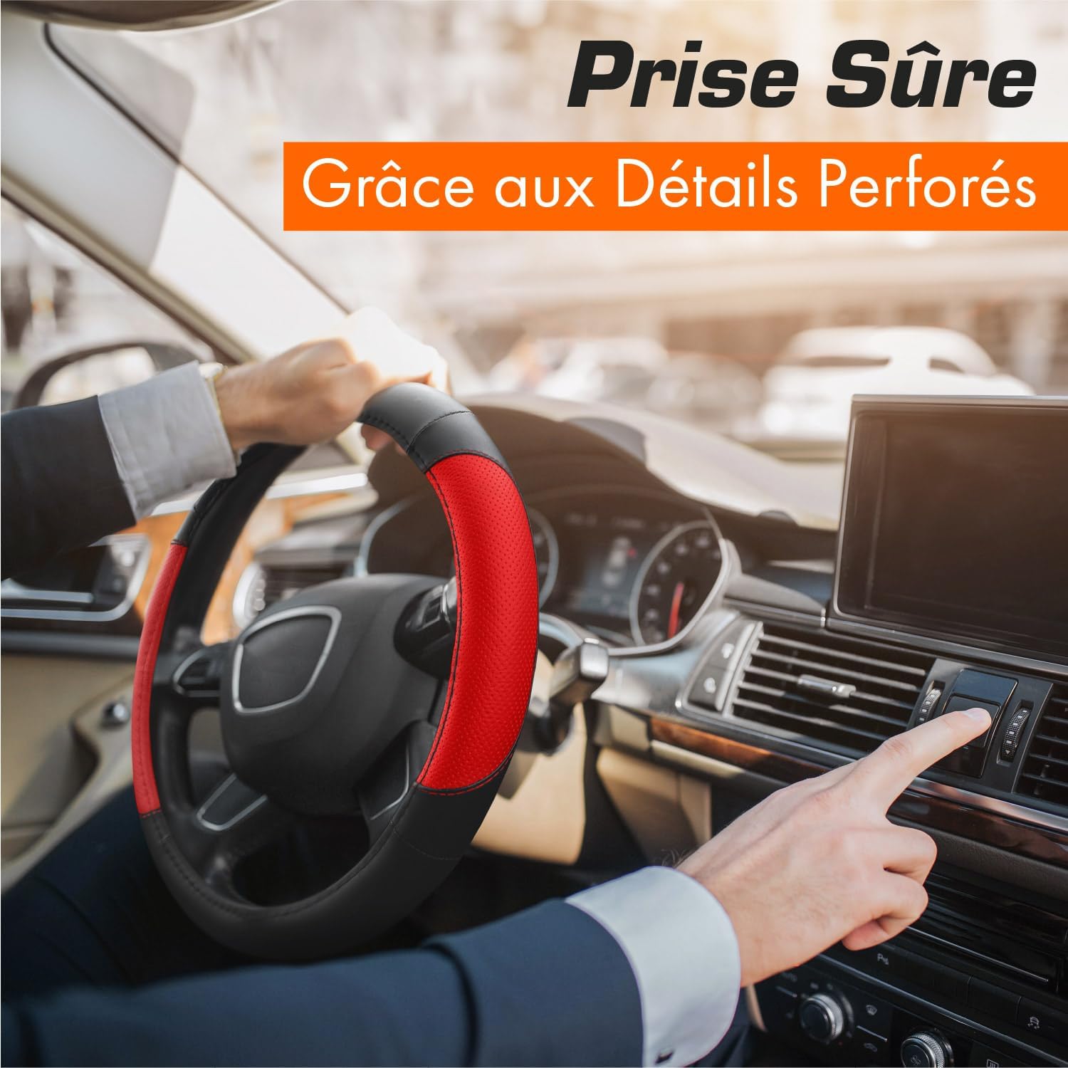 Detalle de Couvre-volant Upgrade4cars en simili cuir noir et rouge (taille universelle 37–38 cm)