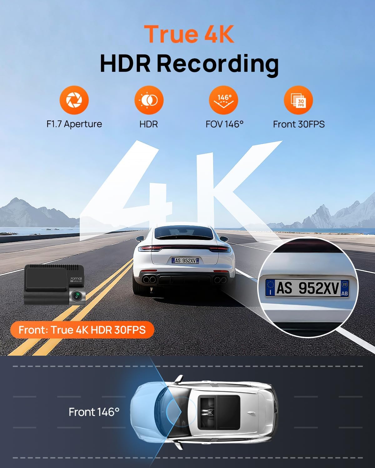 Thumbnail 2 de 70mai 4K A810S Front Dashcam with STARVIS 2 HDR, ADAS, 24H Parking Monitoring (with 128GB microSD included)