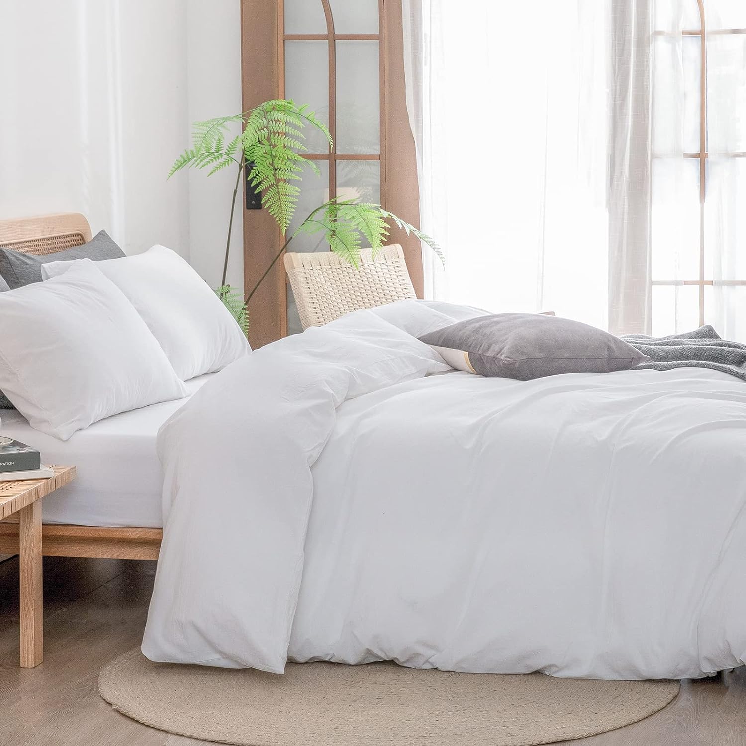Detalle de BESTOUCH Cotton Solid Duvet Cover Set Linen Feel Bright White, Super King (3 pieces)