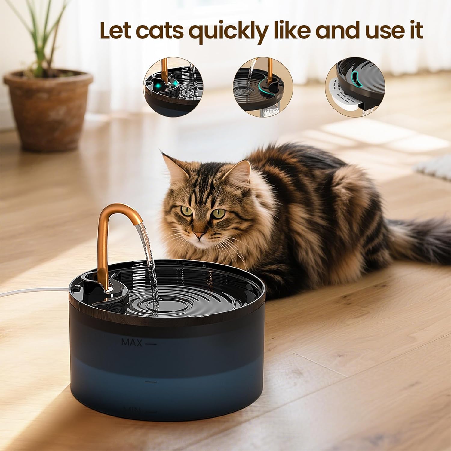 Detalle de DOOOB Cat Water Fountain (2.1L) – Quiet, Durable Copper Faucet Pet Fountain