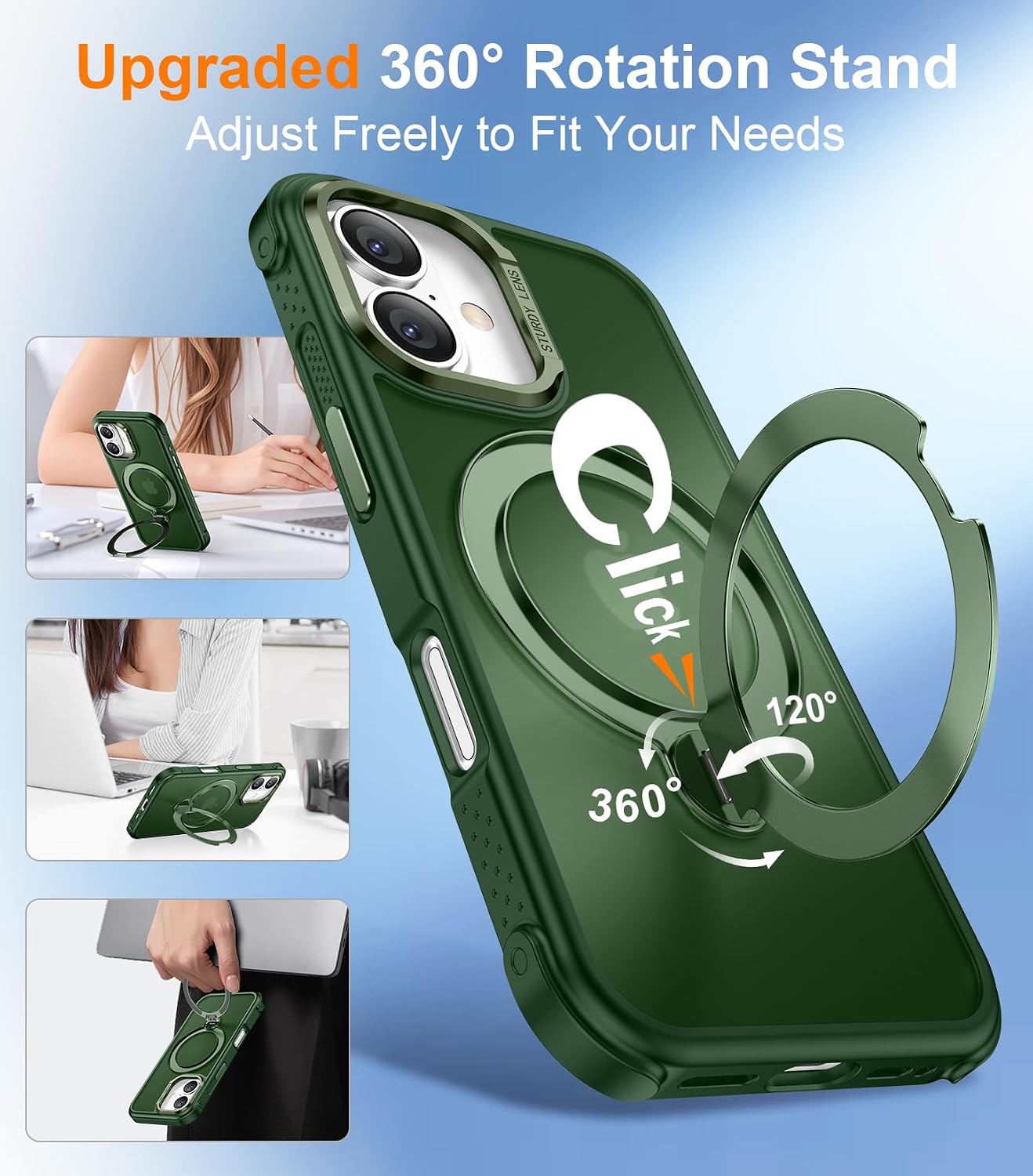 Detalle de Temdan iPhone 16 Case with 360° Rotatable Magnetic Stand — Military-Grade Shockproof, MagSafe Compatible, 6.1