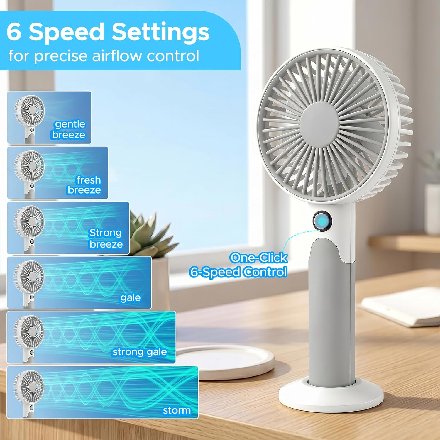 Detalle de JYPS 2 in 1 Desktop & Handheld Fan with 6 Speeds – Portable USB Rechargeable Personal Cooler