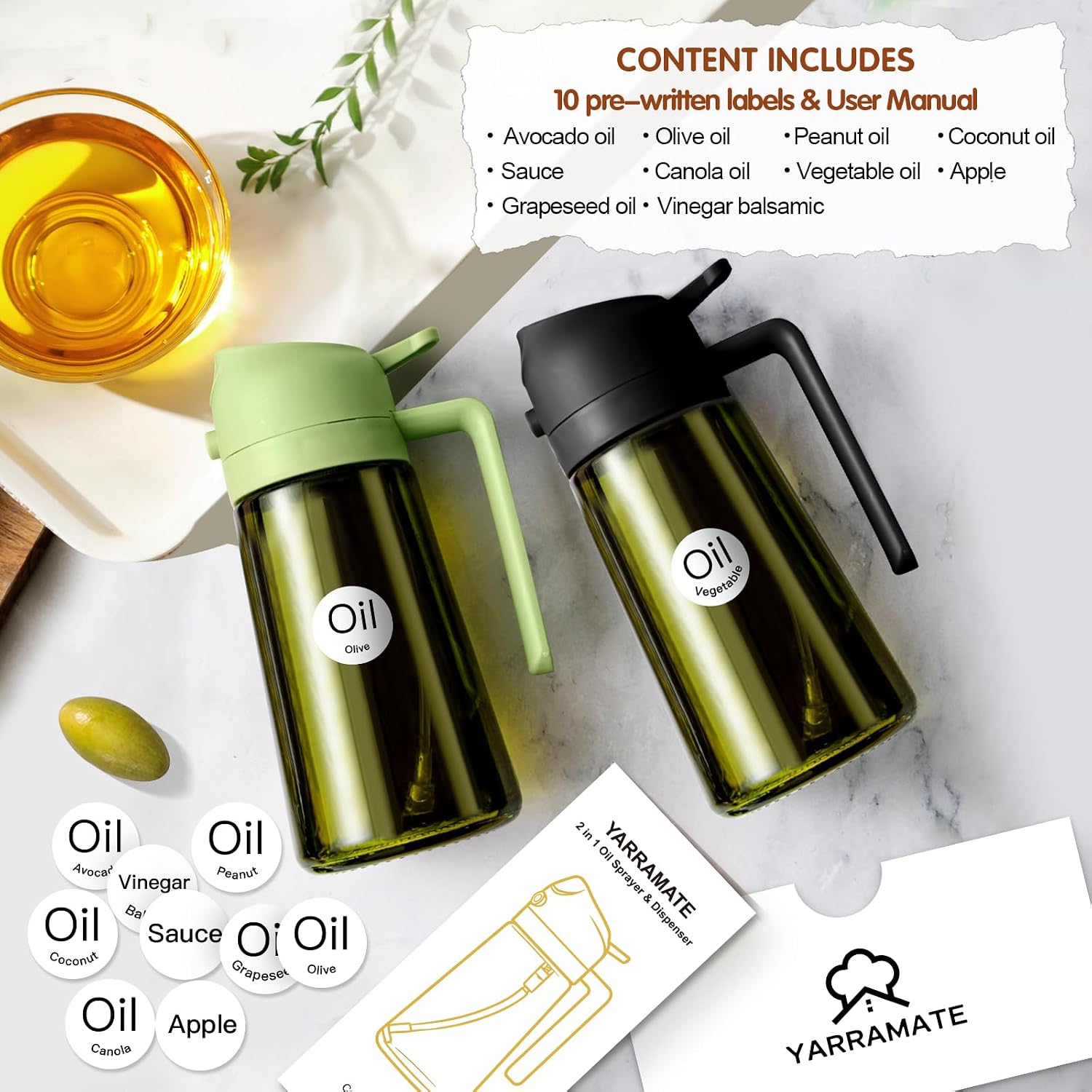 Detalle de YARRAMATE Dispensador Aceite de Oliva 2 en 1 Spray, Verde 🍶
