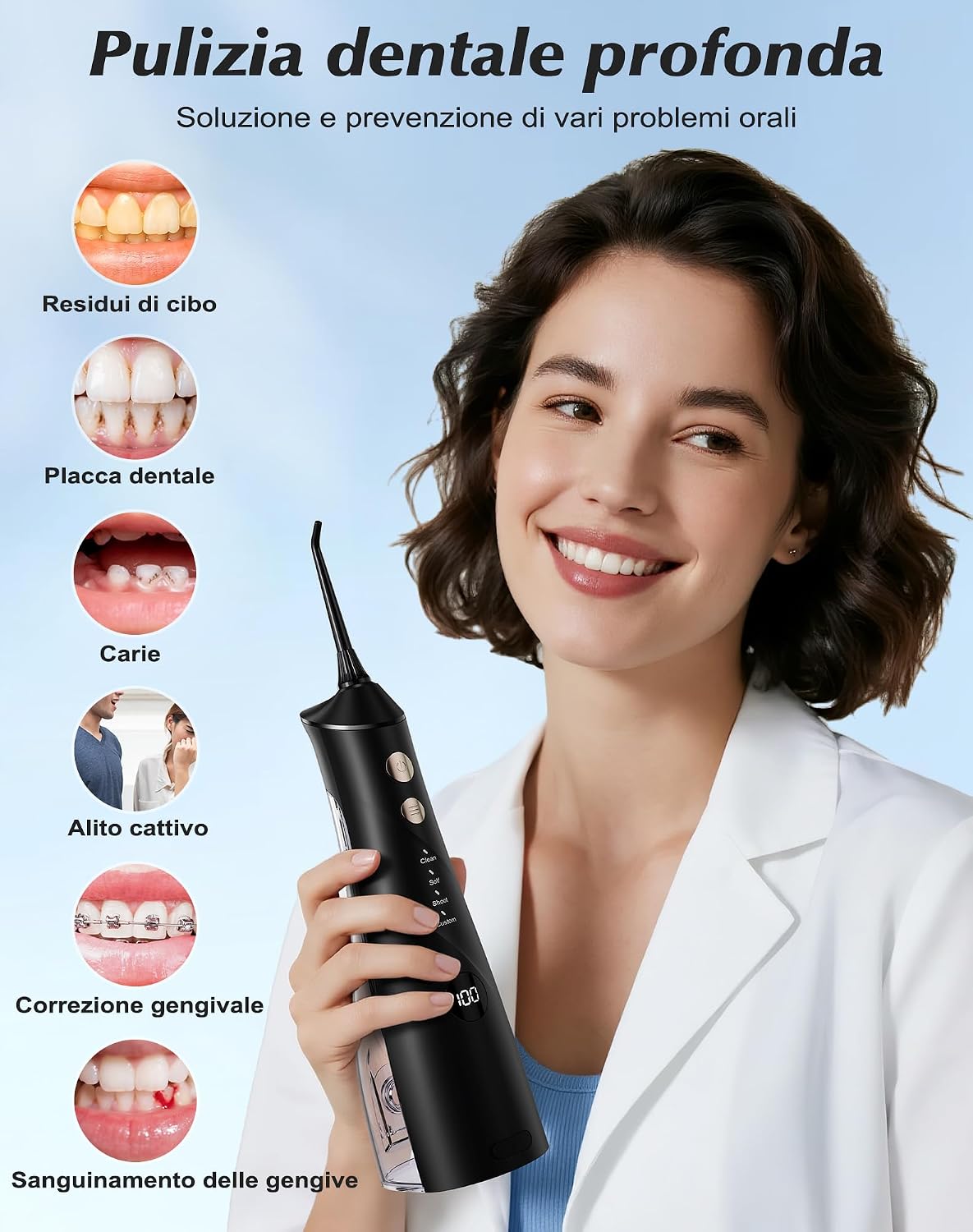 Detalle de Idropulsore Dentale Hsweeth: vincitore del test 2025, 5 ugelli e 4 modalità per igiene orale completa