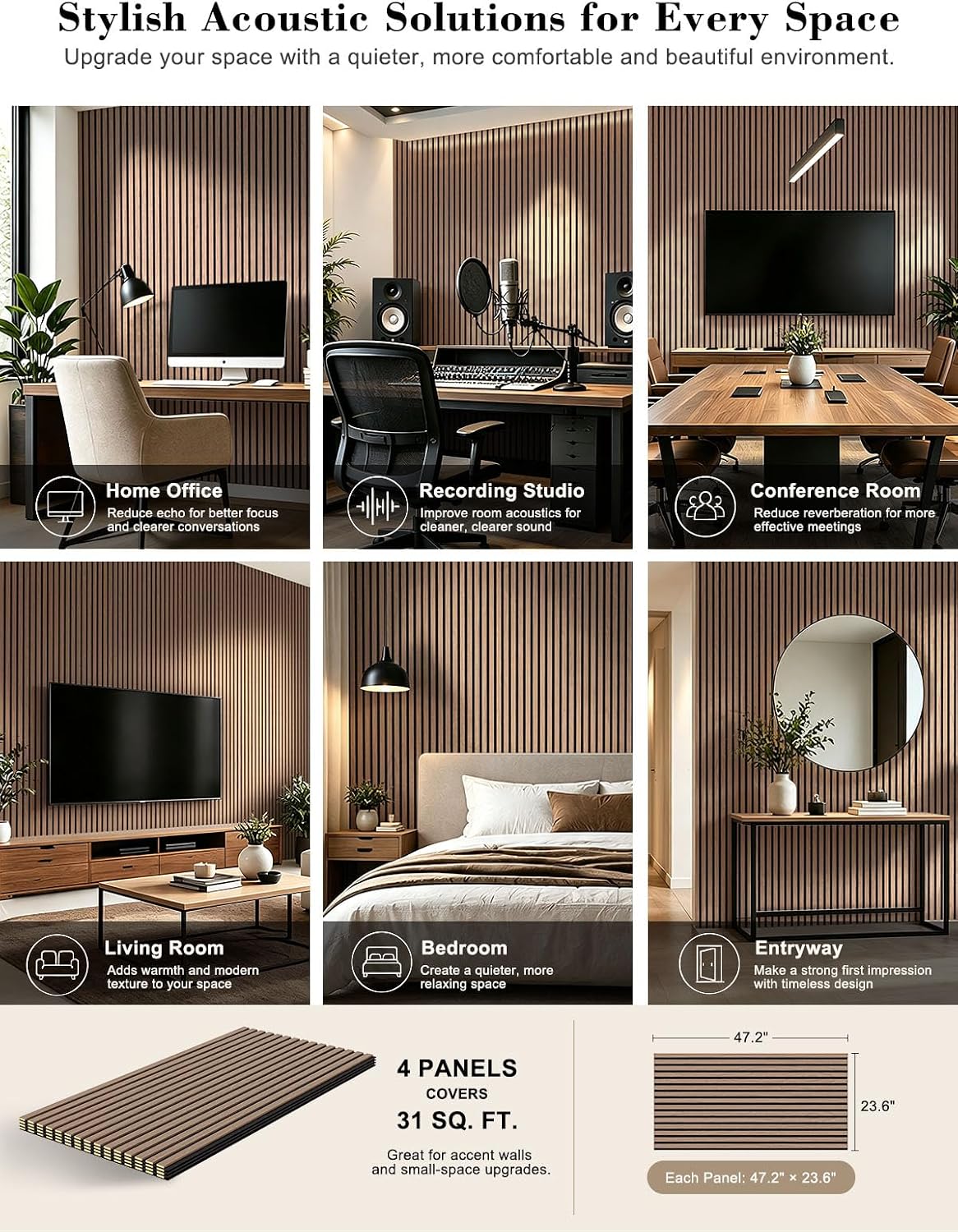Thumbnail 4 de AKUMAX Waterproof Wood Slat Acoustic Wall Panels, Walnut, 4-Pack, NRC 0.80