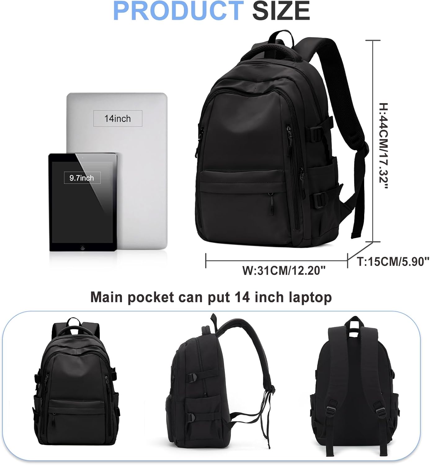 Detalle de Schulrucksack 14 Zoll – wasserdichter Daypack aus Nylon, unisex, Schwarz
