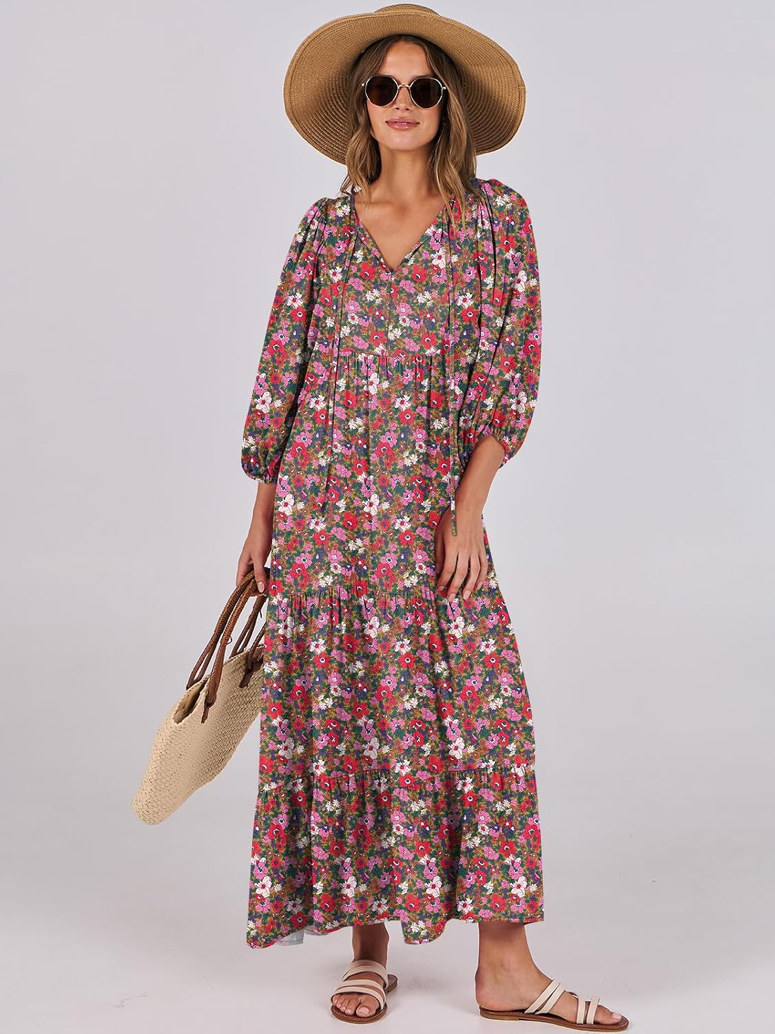 Thumbnail 6 de ANRABESS Women's Boho Floral 3/4 Puff Sleeve Maxi Dress