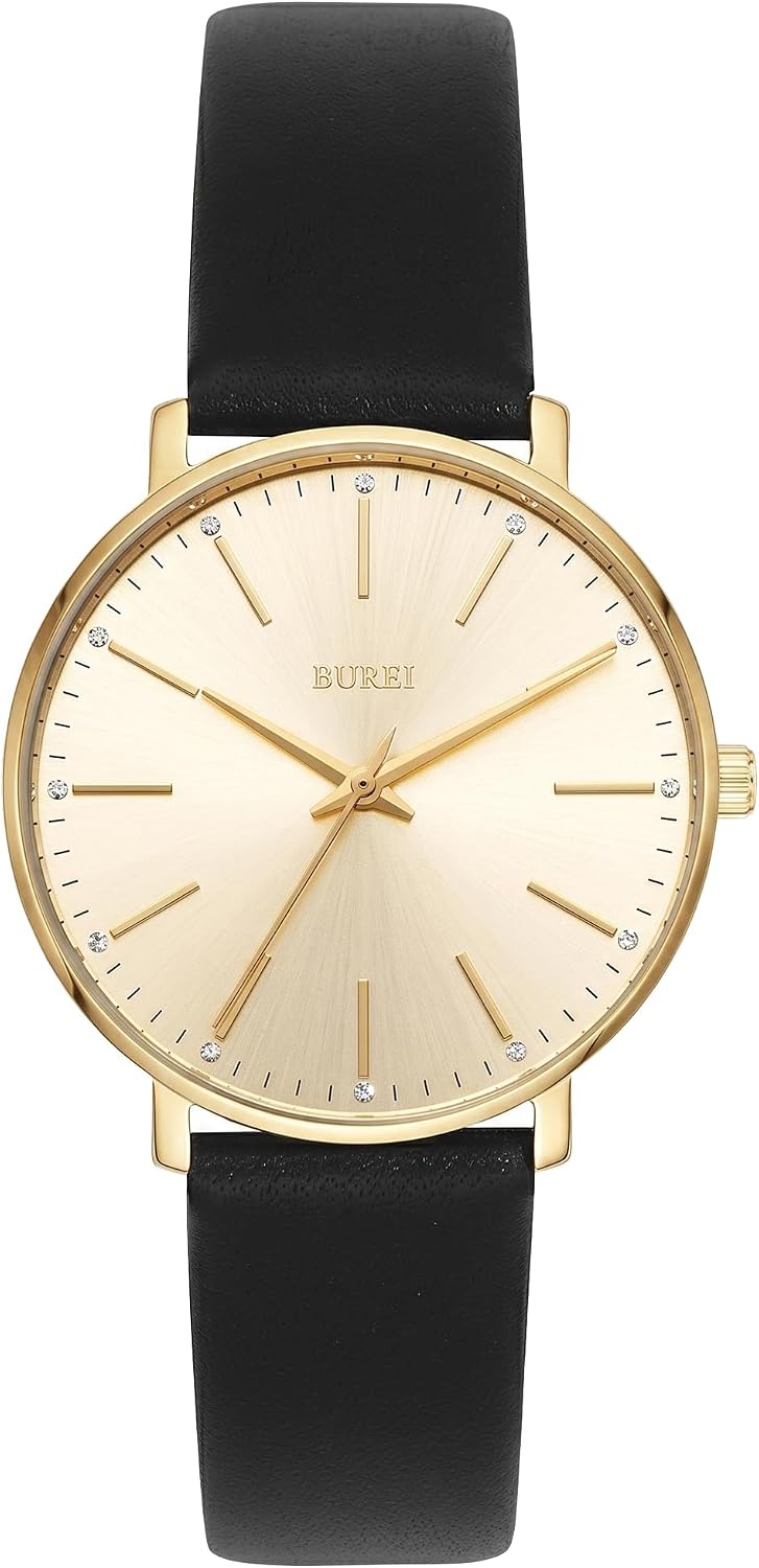 Detalle de BUREI Damenuhr Minimalistisch Edelstahl, Lederband | Quarz, 38 mm