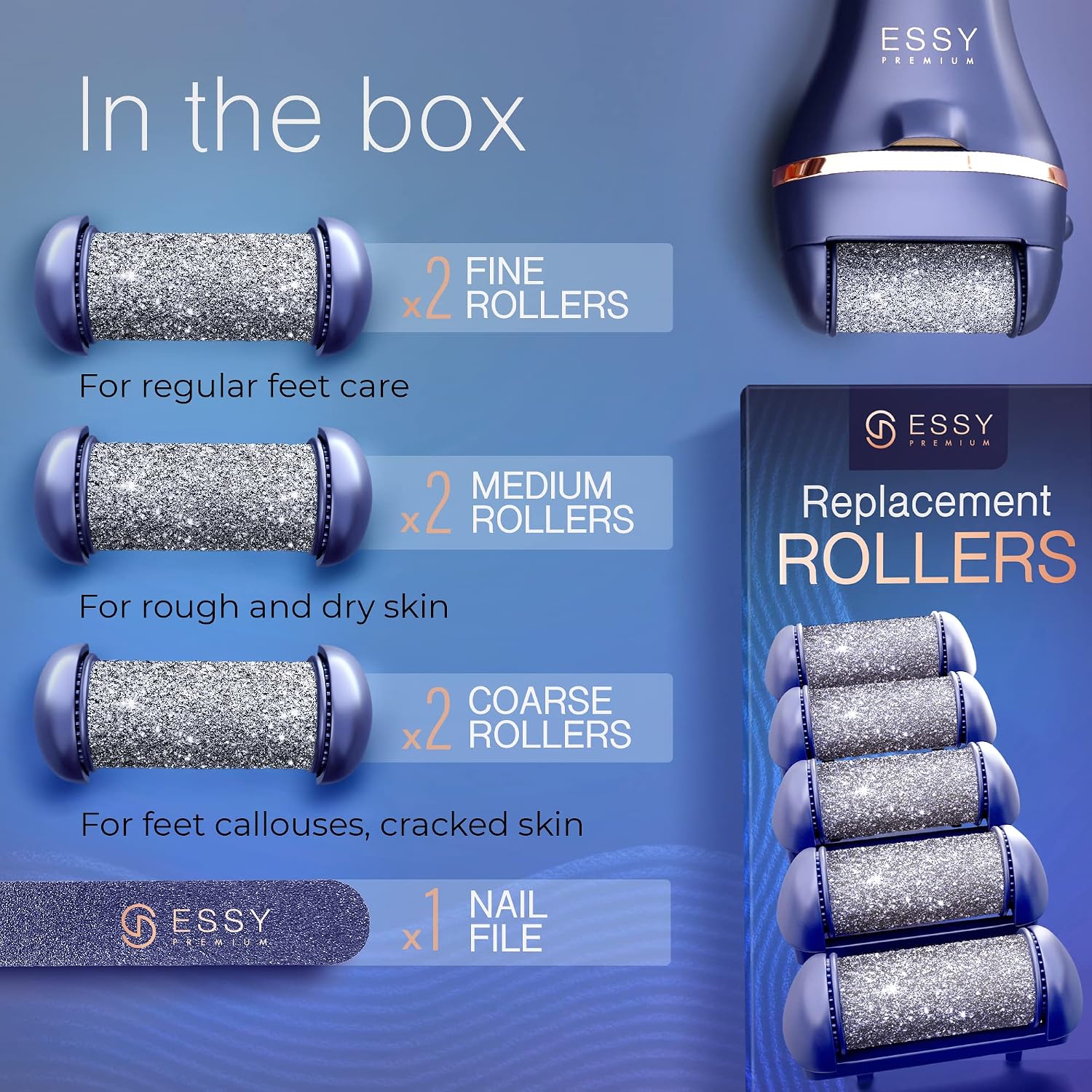 Detalle de Essy Electric Foot File Rechargeable with 5 Replacement Rollers (Navy)