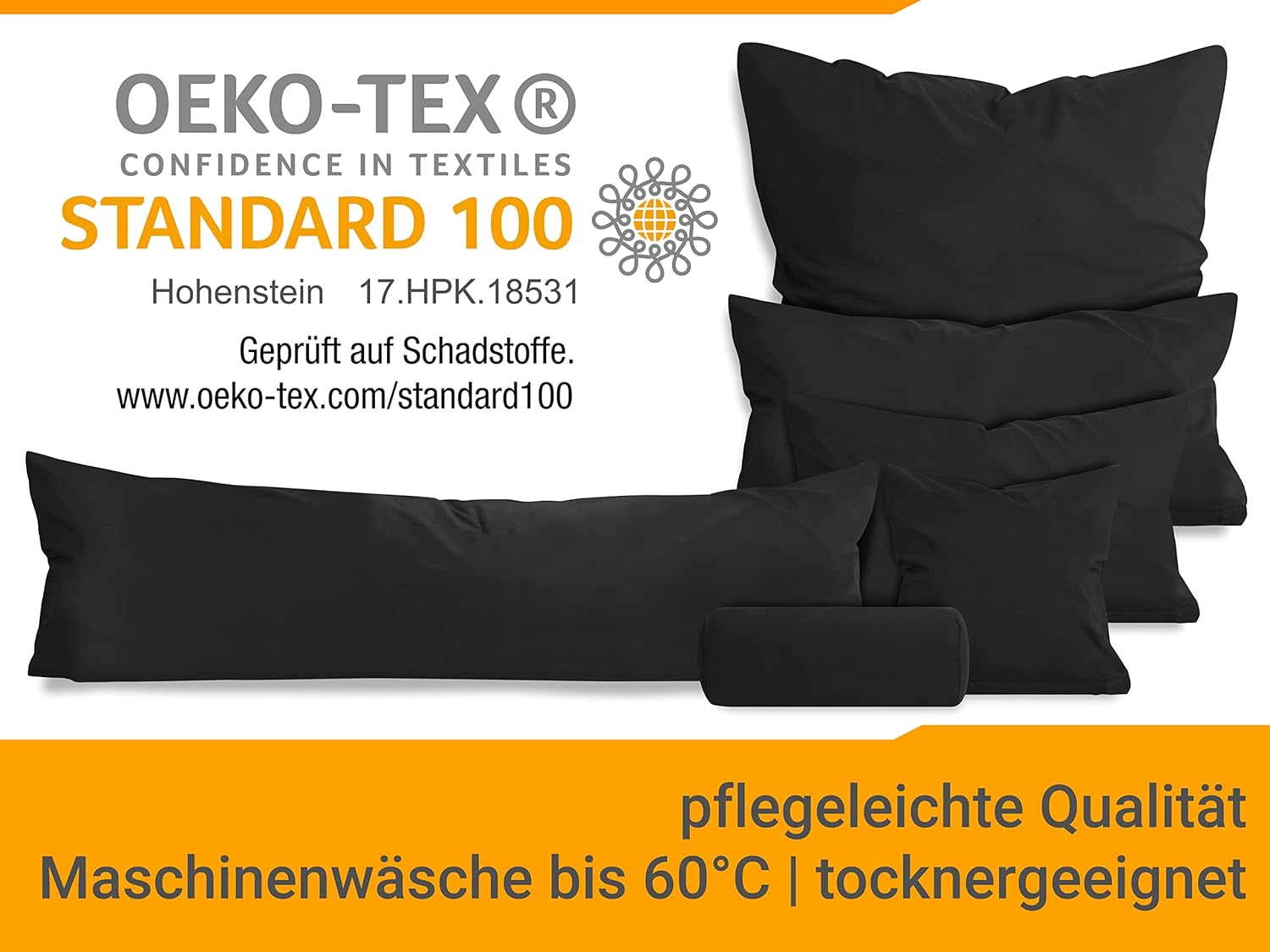 Thumbnail 5 de npluseins Lot de 2 Housse de Coussin pour traversin 40×40 cm en coton Jersey Noir certifié Oeko-Tex