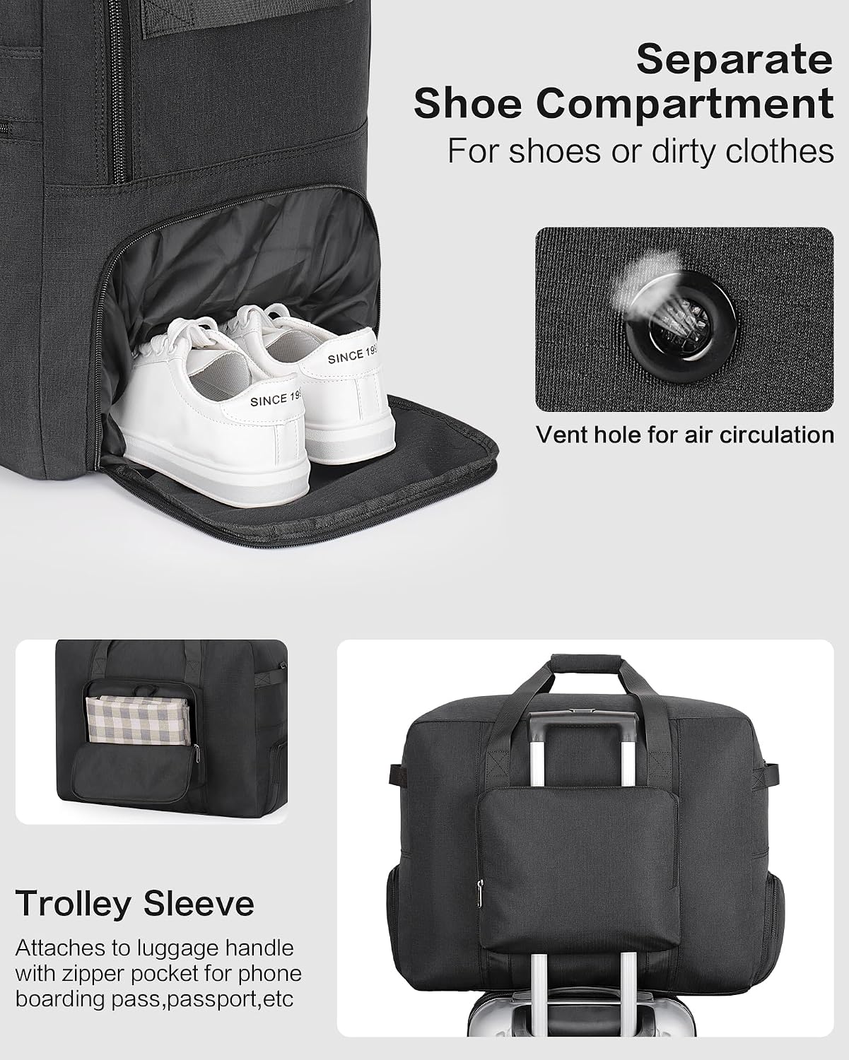 Thumbnail 2 de Urtala Sac de Voyage Pliable 100L – Noir, avec Compartiment à Chaussures