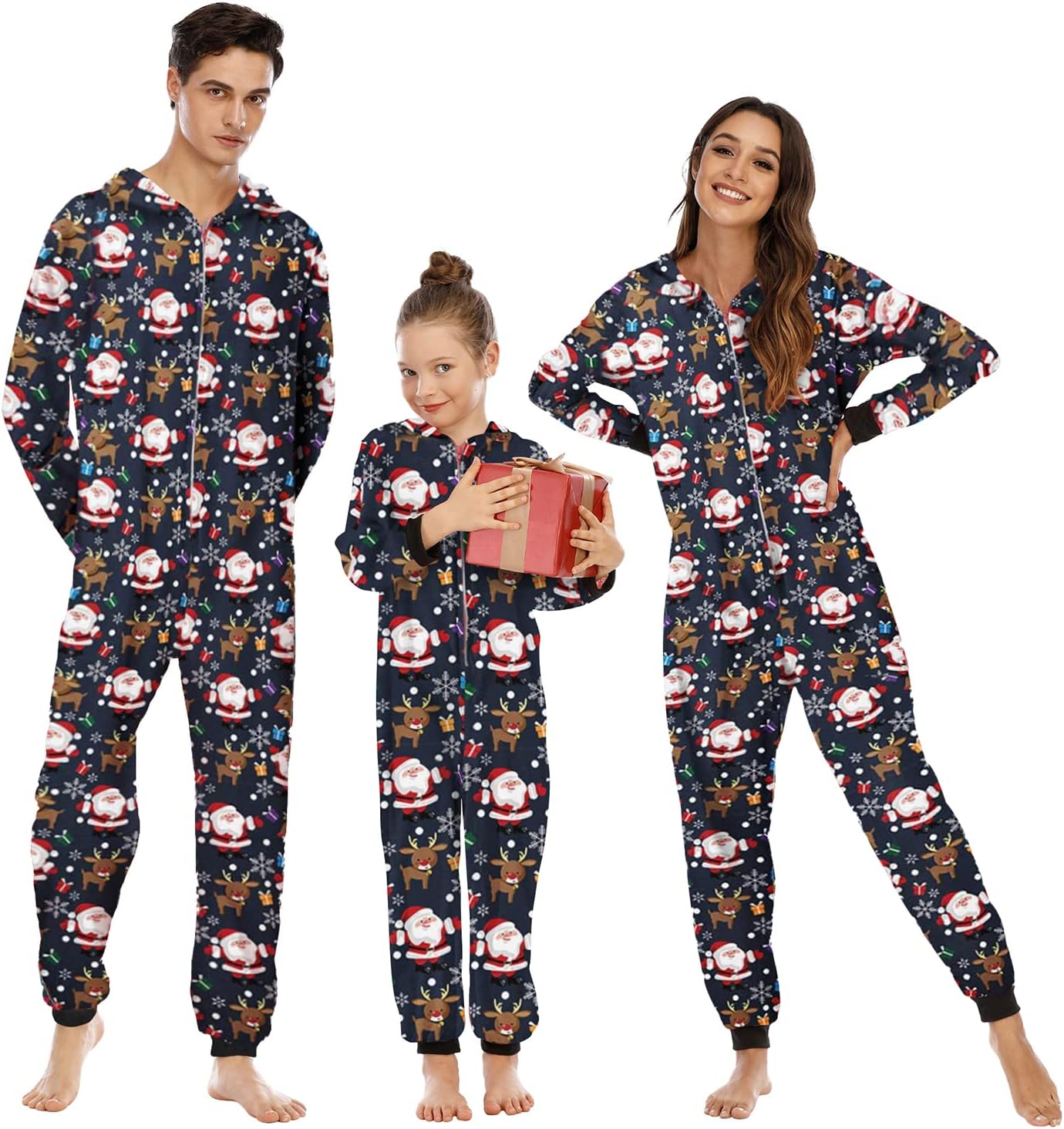 Detalle de Neufigr Family Christmas Pajamas with Front Zipper, Reindeer Hood and Ribbed Cuffs