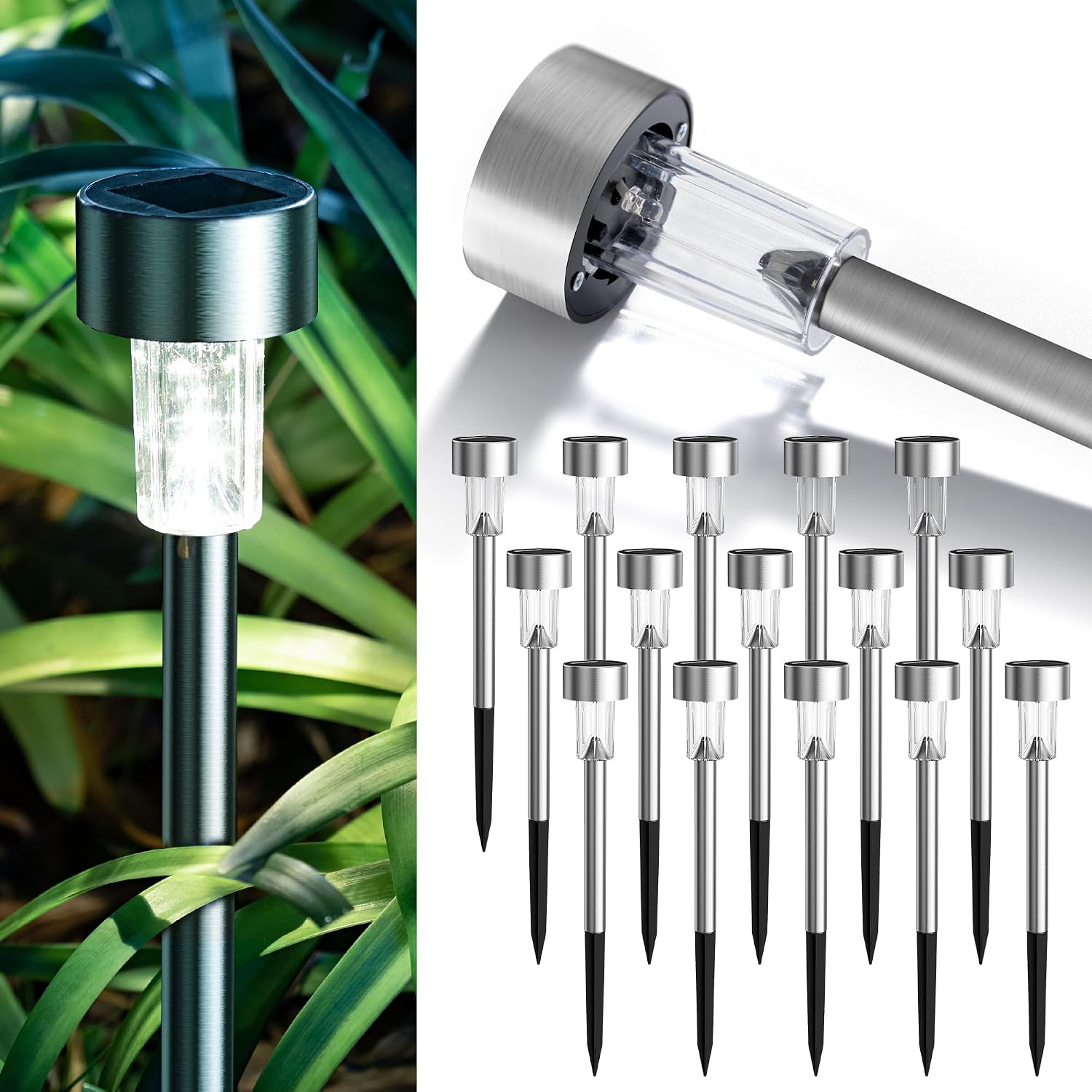 Detalle de GIGALUMI 16-Pack Solar Pathway Lights, Stainless Steel, Cold White