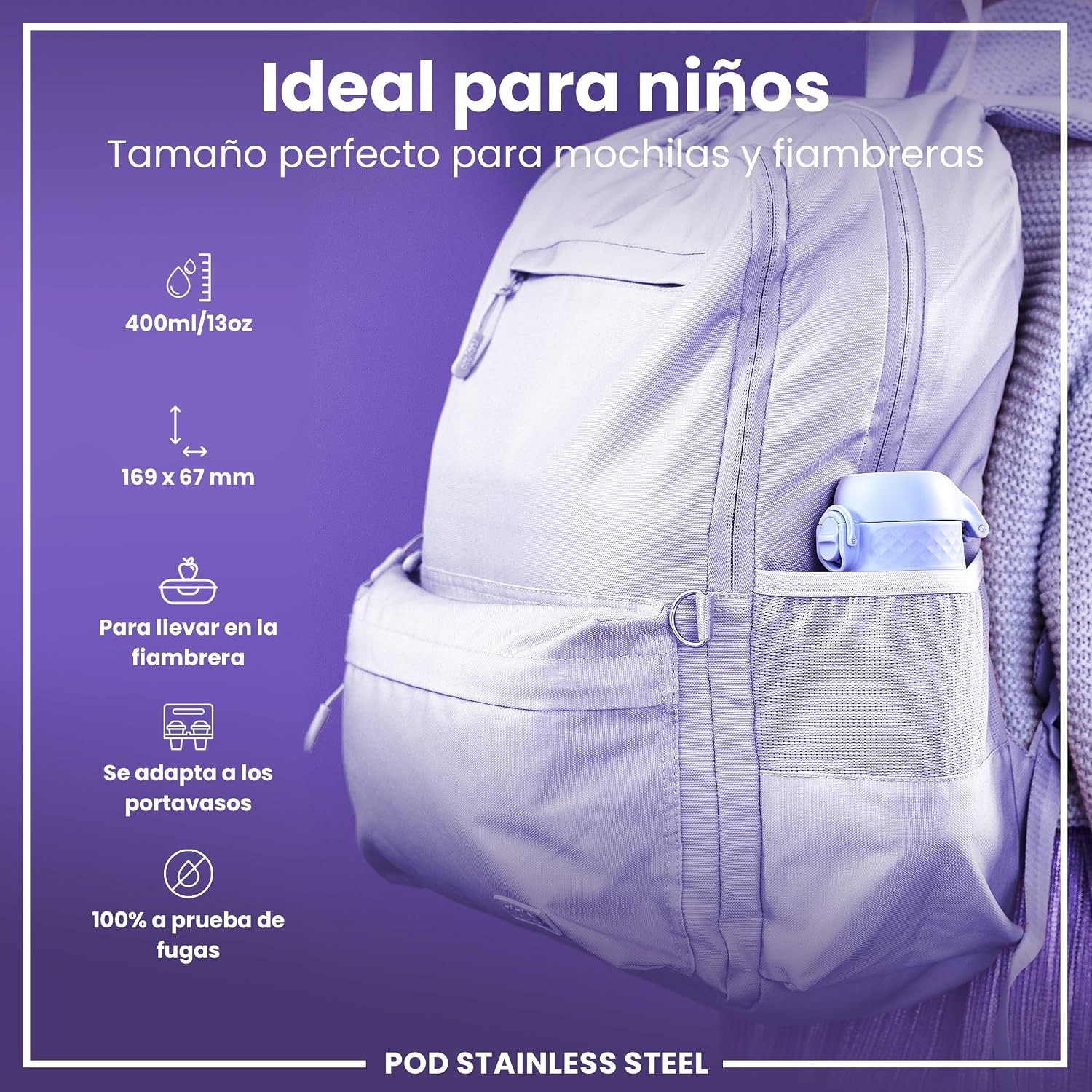 Detalle 2 de ion8 Botella de Agua Inox para Niños 400ml 🧚♀️ Sin Aislamiento