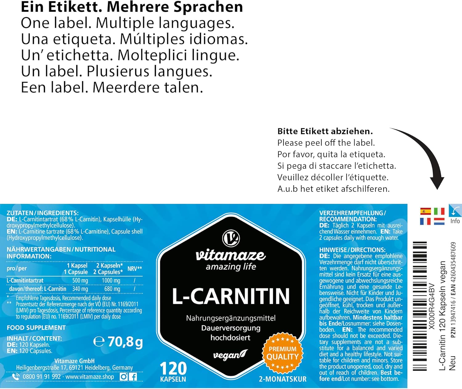 Thumbnail 6 de Vitamaze L-Carnitine haute dose (tartrate) 1000 mg/j – 120 gélules végane