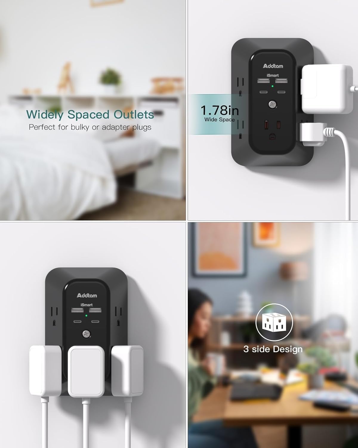 Detalle 2 de Addtam AD5004 Outlet Extender, 5 AC Outlets, 4 USB Ports, 1800J