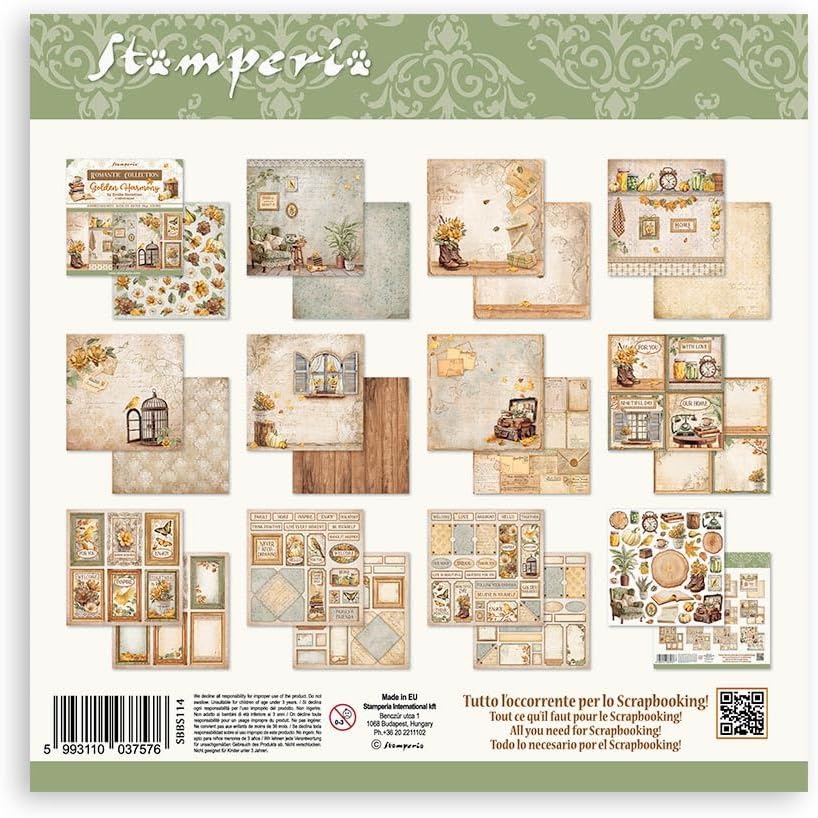 Detalle 2 de Stamperia Golden Harmony scrapbookpapper, 20,3 × 20,3 cm, syrafritt, dubbelsidigt, 80 ark