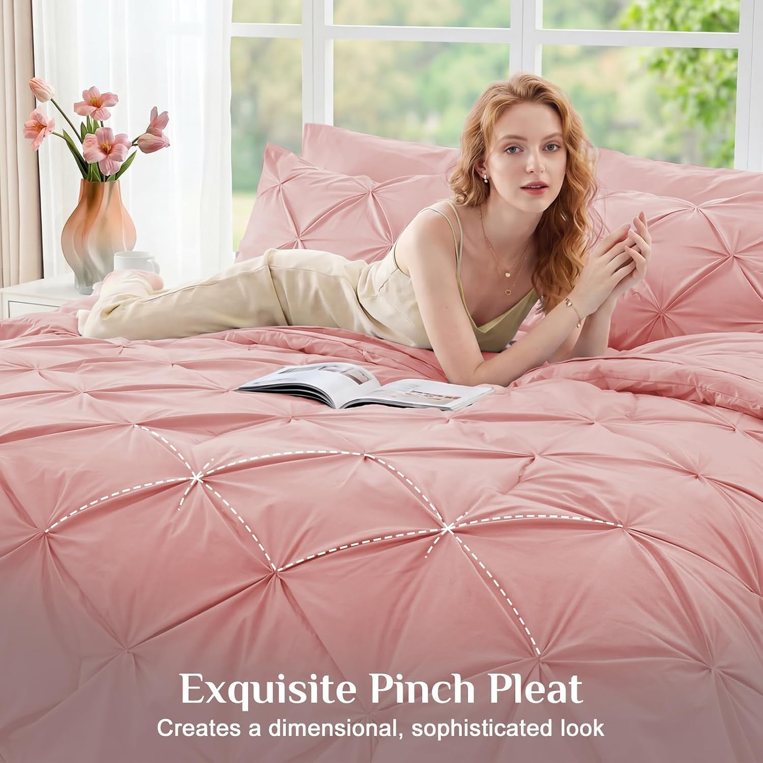 Detalle 2 de JOLLYVOGUE Queen Comforter Set (7-Piece) with Pintuck Microfiber Bedding, Pink