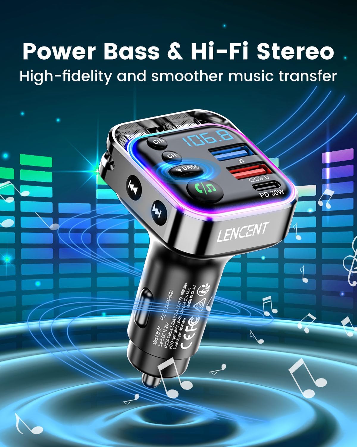 Detalle de LENCENT Bluetooth 5.3 FM Transmitter with 30W PD Charging and Bass Mode