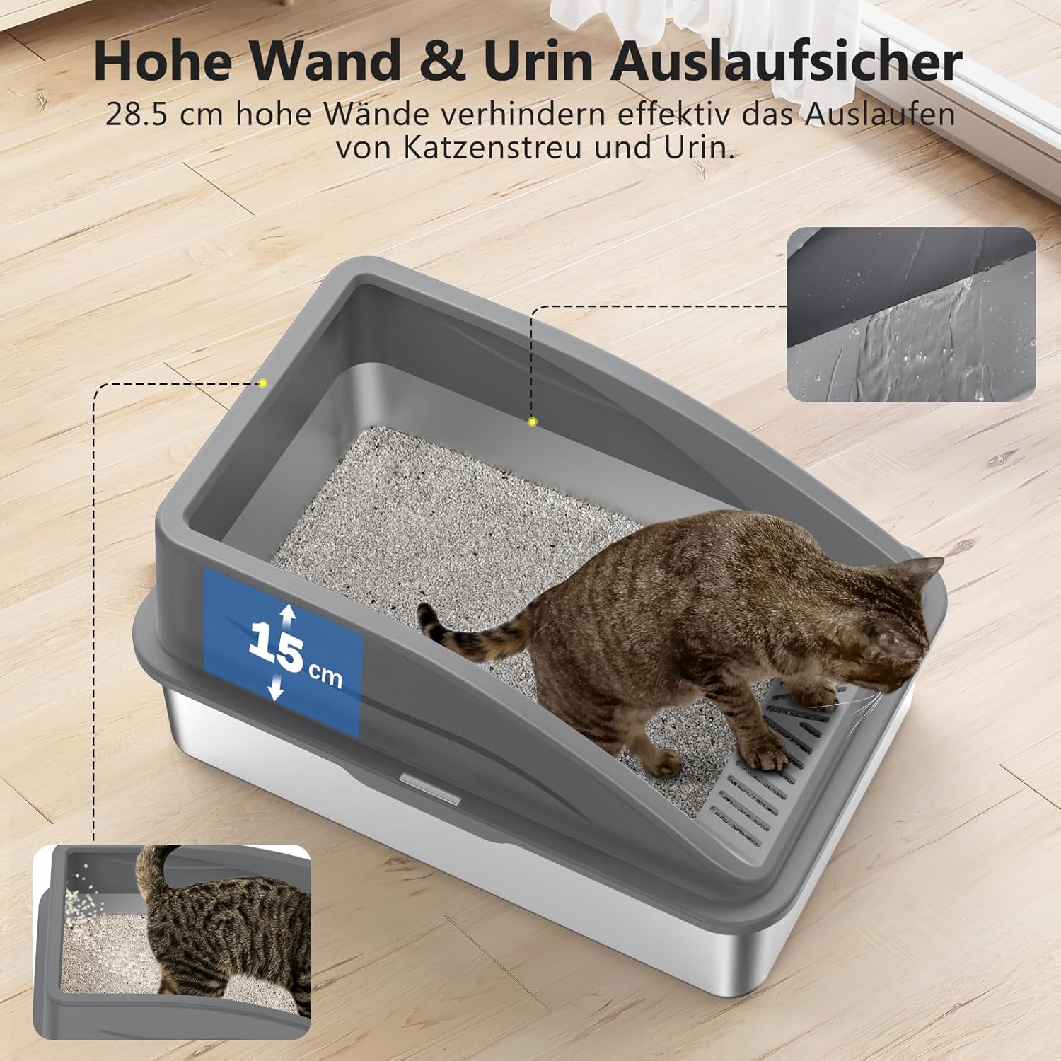 Thumbnail 4 de FURTIME Katzenklo Edelstahl XXL – langlebiges, auslaufsicheres Katzentoilette mit 30° Streifilter-Trittfläche
