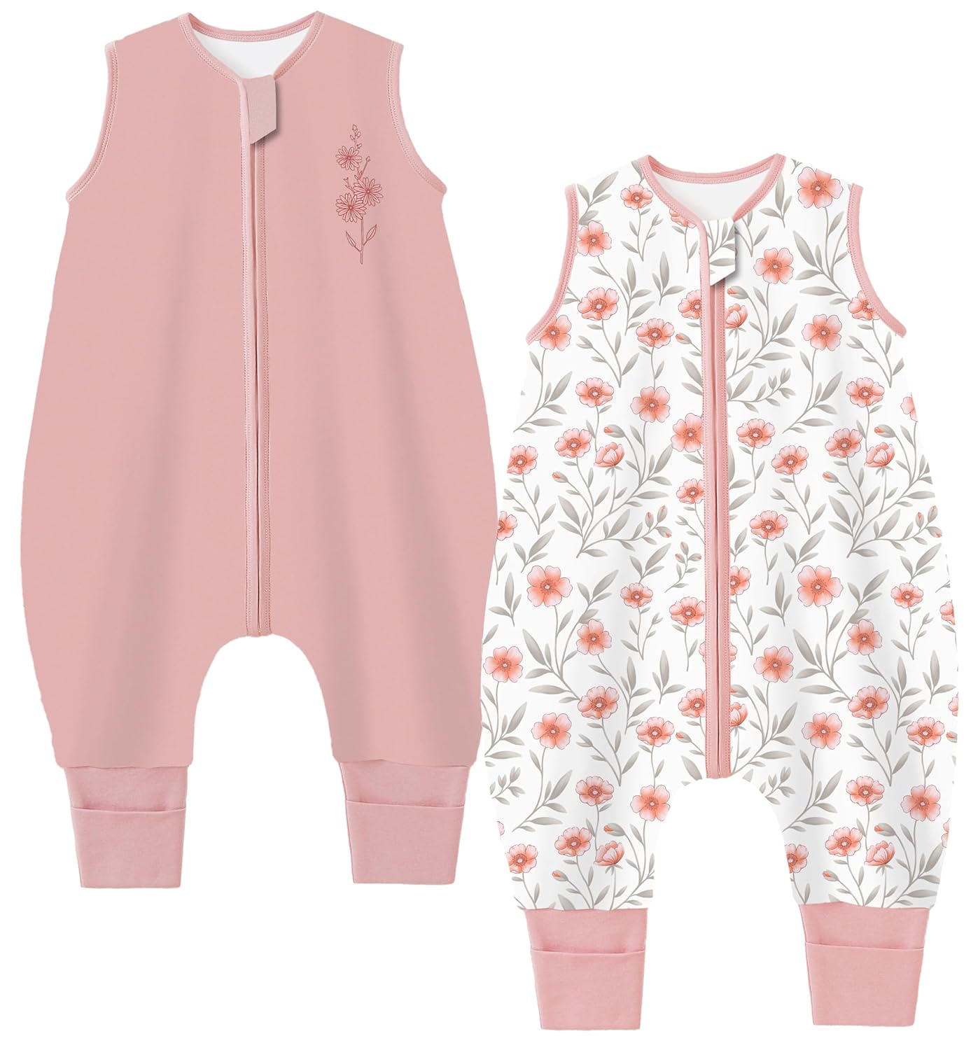Detalle de Chilsuessy 2er Pack Baby-Schlafsack Sommer mit Füßen, 1 Tog, 100% Baumwolle, Rosa Blumen – Größe 90 cm (Höhe 100–110 cm)
