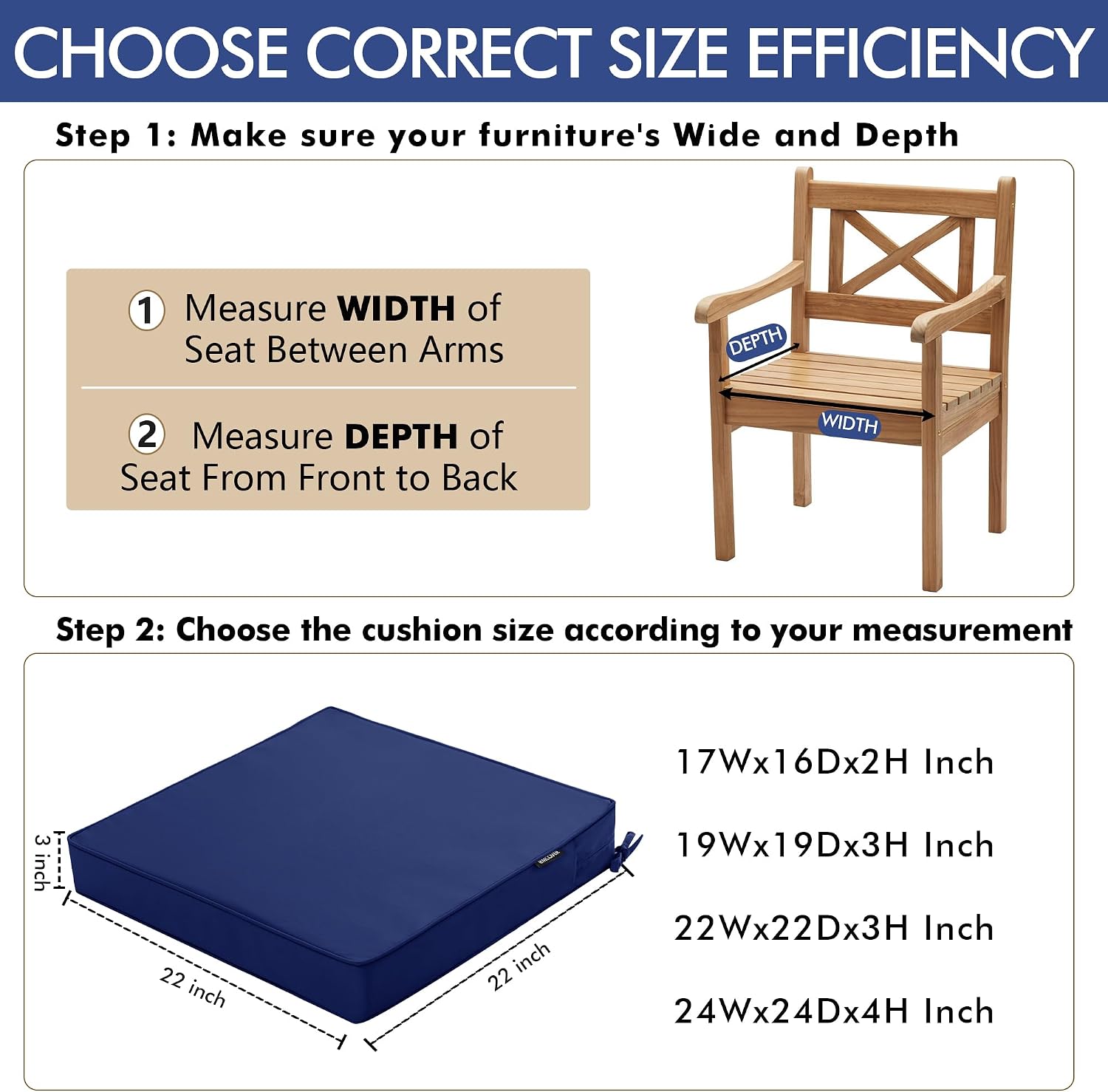 Detalle 2 de Comcaver PFCC-2222-Navy-2 Outdoor Chair Cushions, 22 x 22 x 3-Inch, Set of 2