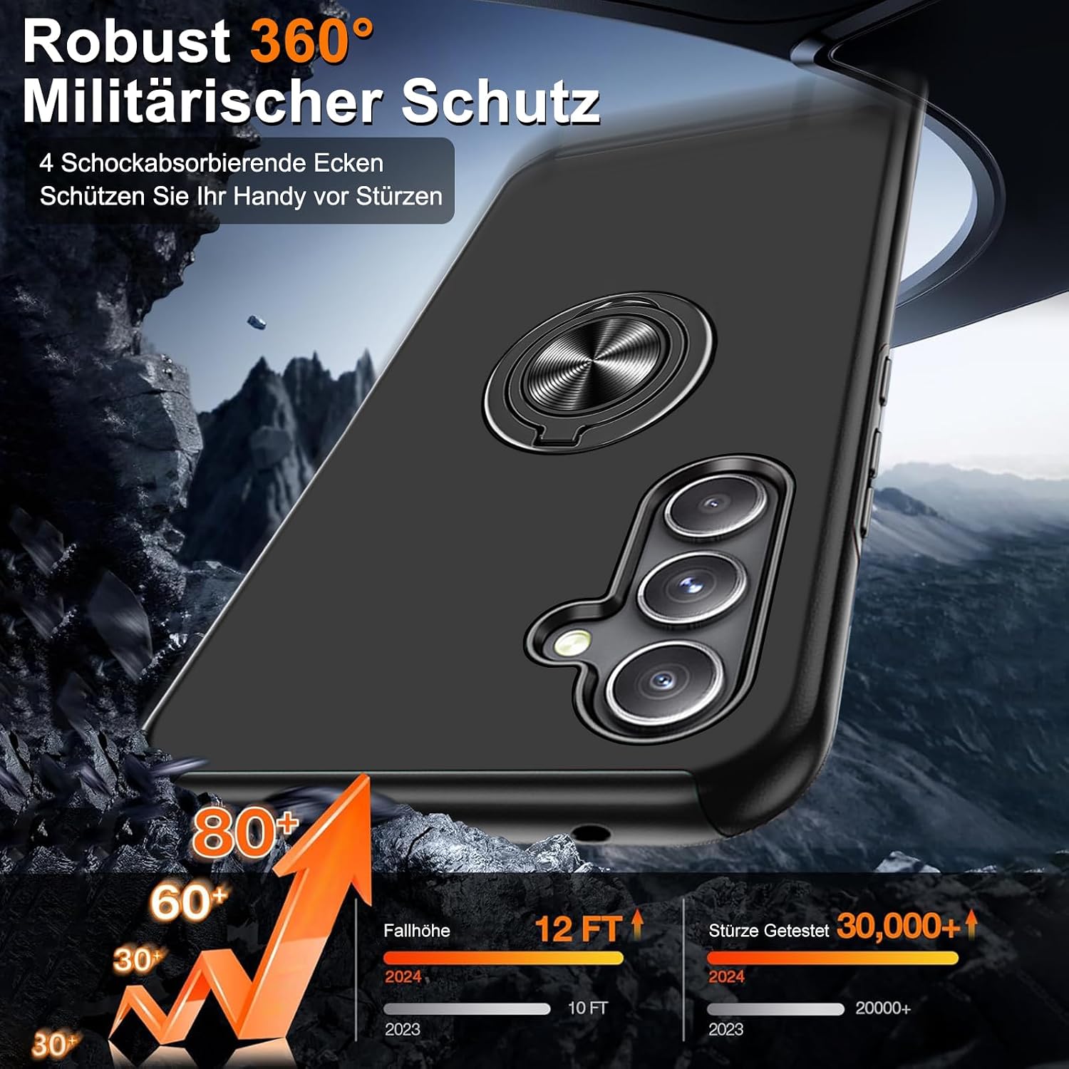 Detalle 2 de Vaki Handyhülle für Samsung Galaxy A54 5G mit Ringständer – Schutzfolie inklusive, Schwarz