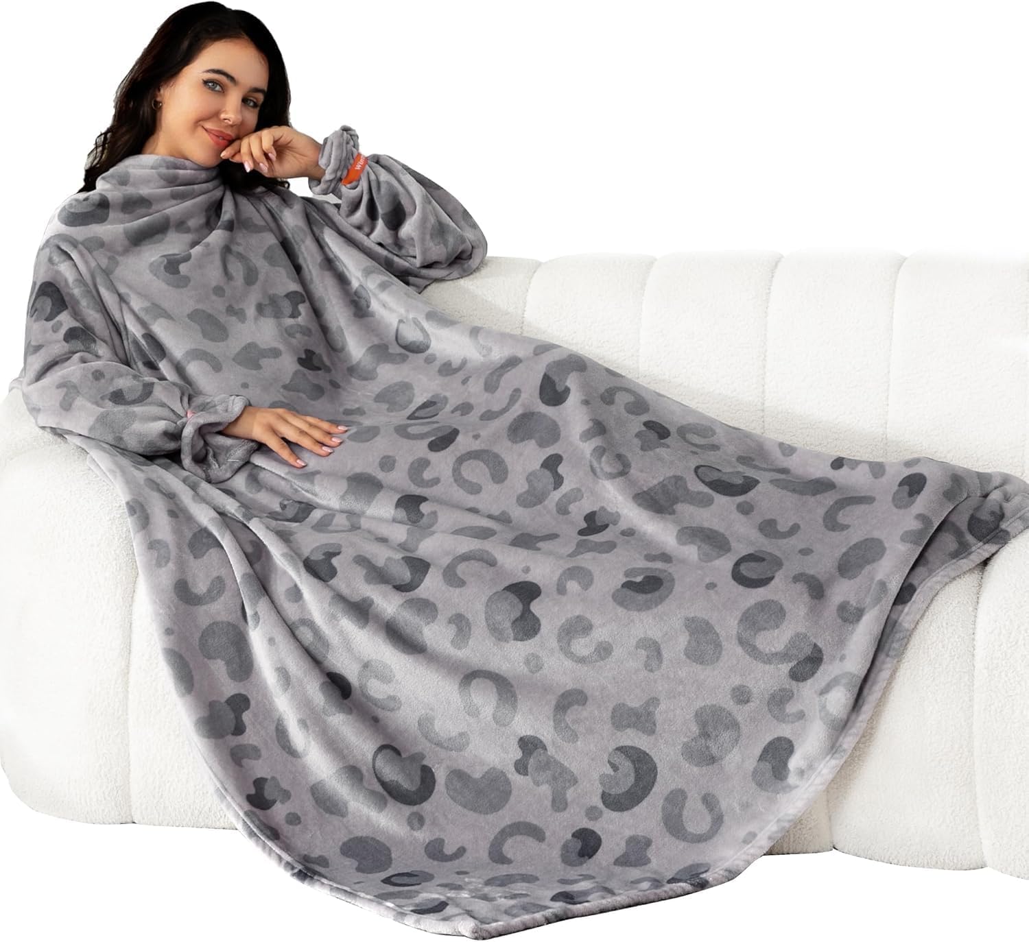 Detalle de Winthome Grey Print Wearable Blanket with Sleeves, Flannel, 55.1" x 70.8