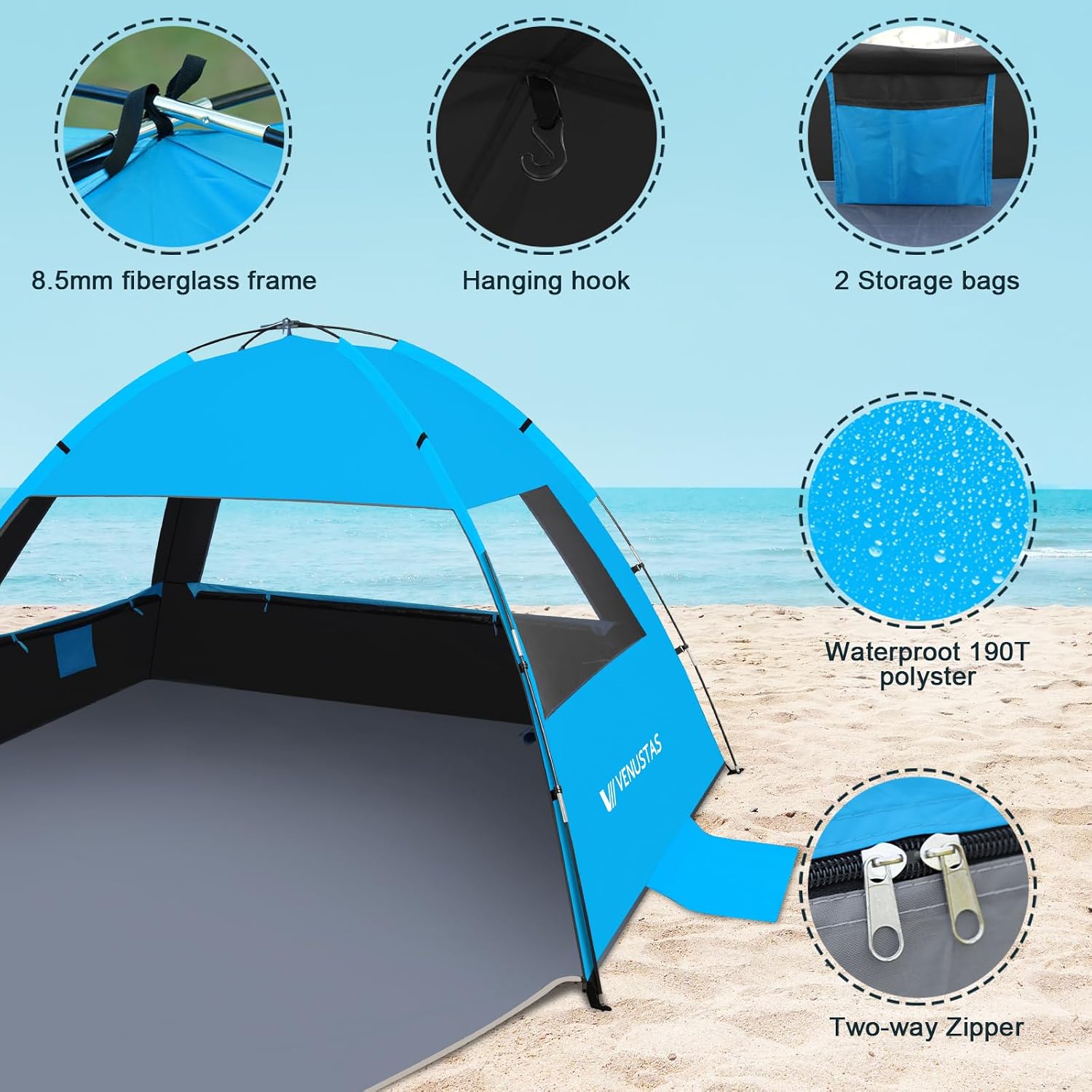 Detalle 2 de Venustas Beach Tent Sun Shelter (3–8 People) with UPF 50+ UV Protection