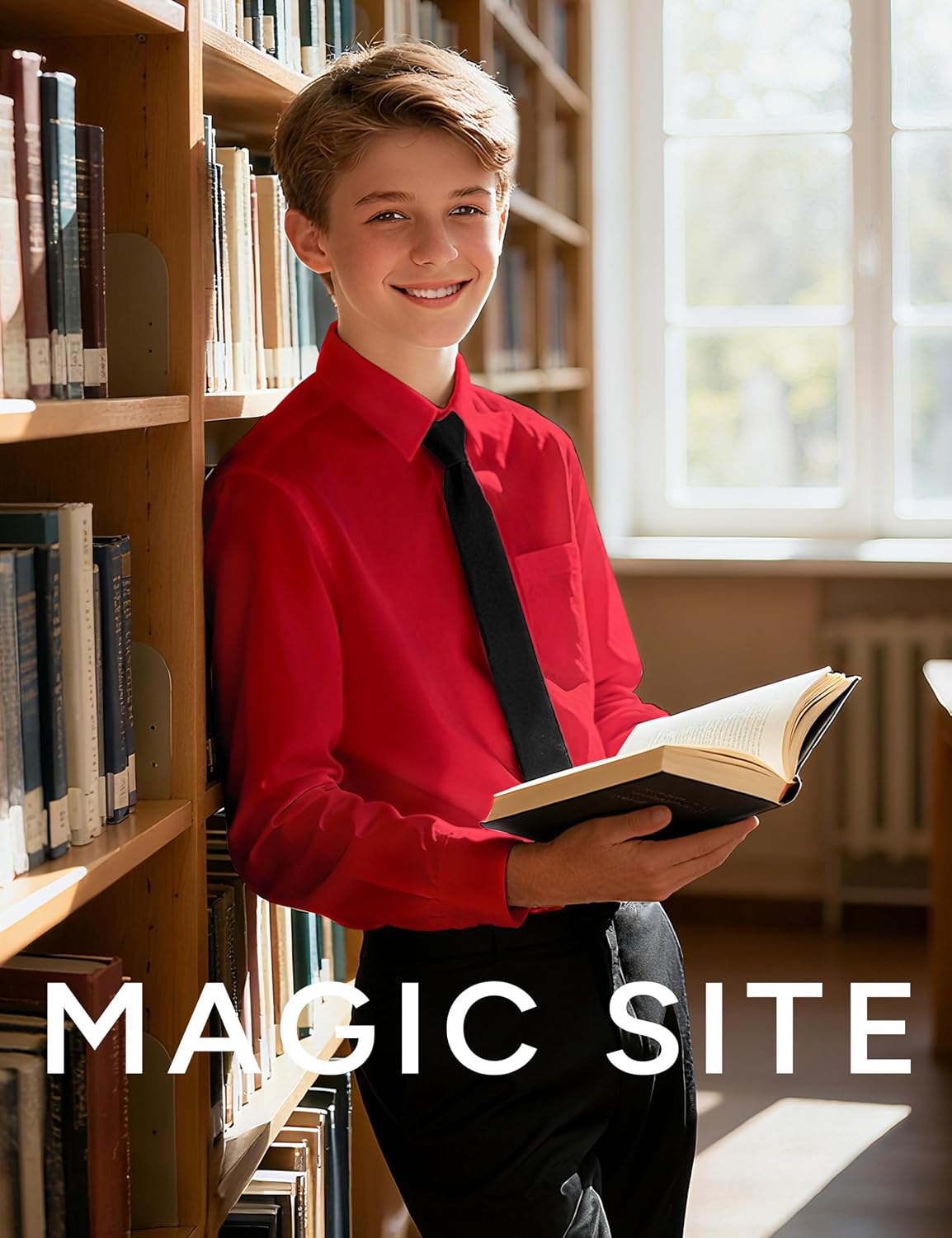 Thumbnail 2 de MagicSite Boys’ Long-Sleeve Dress Shirt and Tie, Stretch or Standard, Regular or Husky