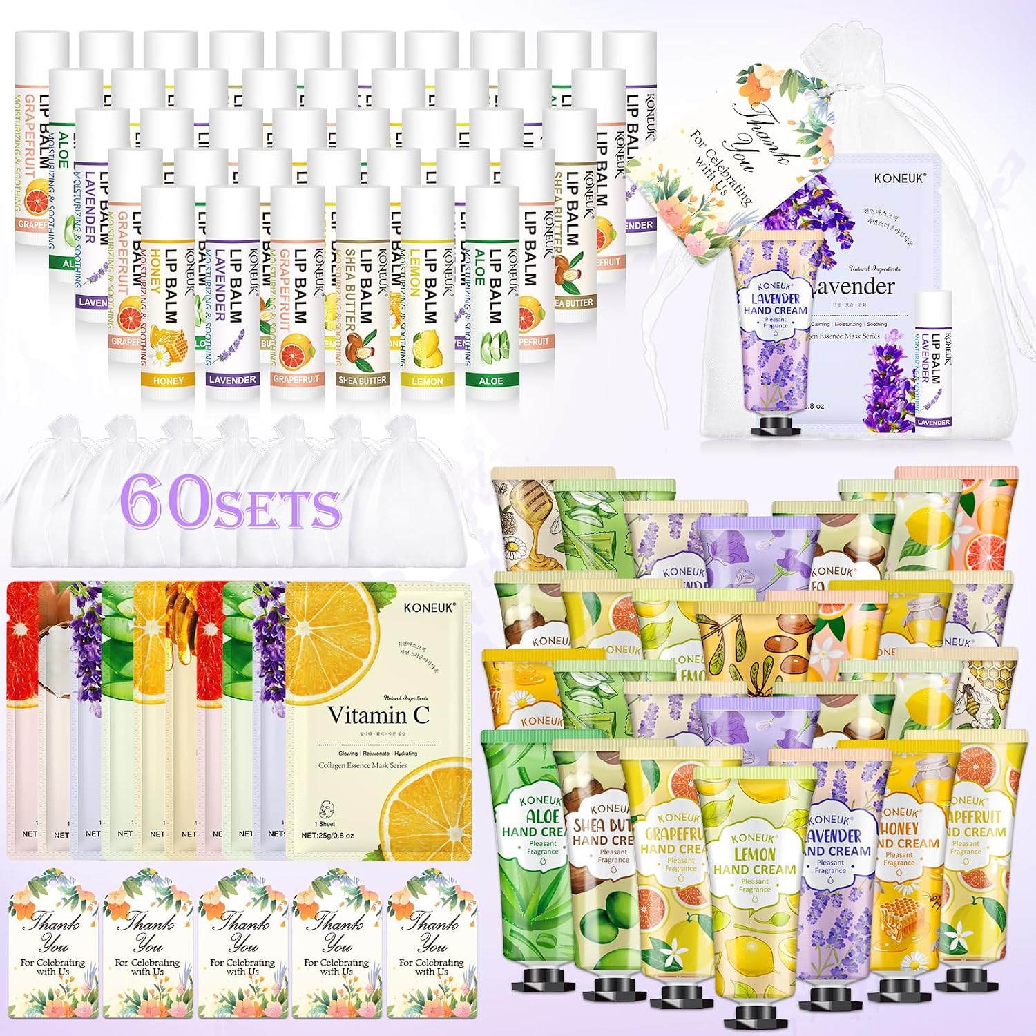 Detalle de 60 Pack Bulk Lip Balm, Facial Mask & Hand Cream Sets for Easter Baskets, Teacher Appreciation, and Bridesmaid Gifts